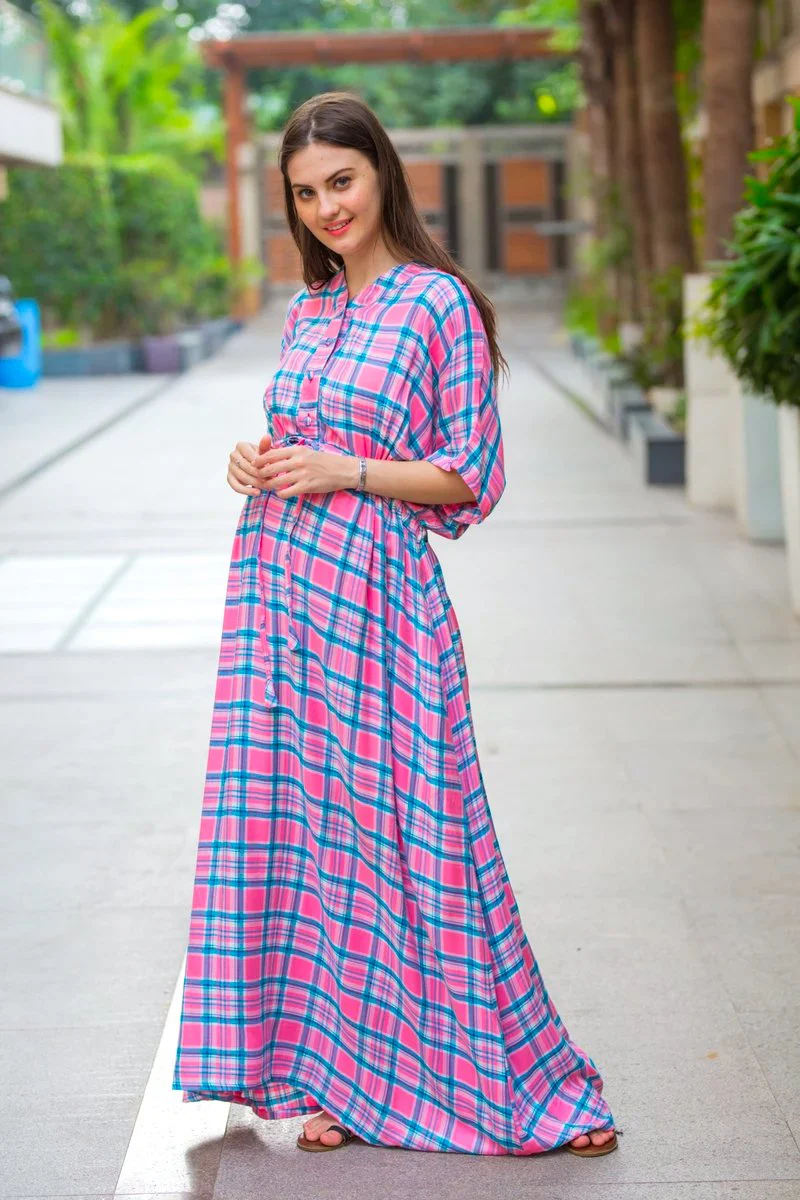 Kimono Pastel Plaid Maternity & Nursing Dress / Delivery Gown/ Night Dress - Chenance