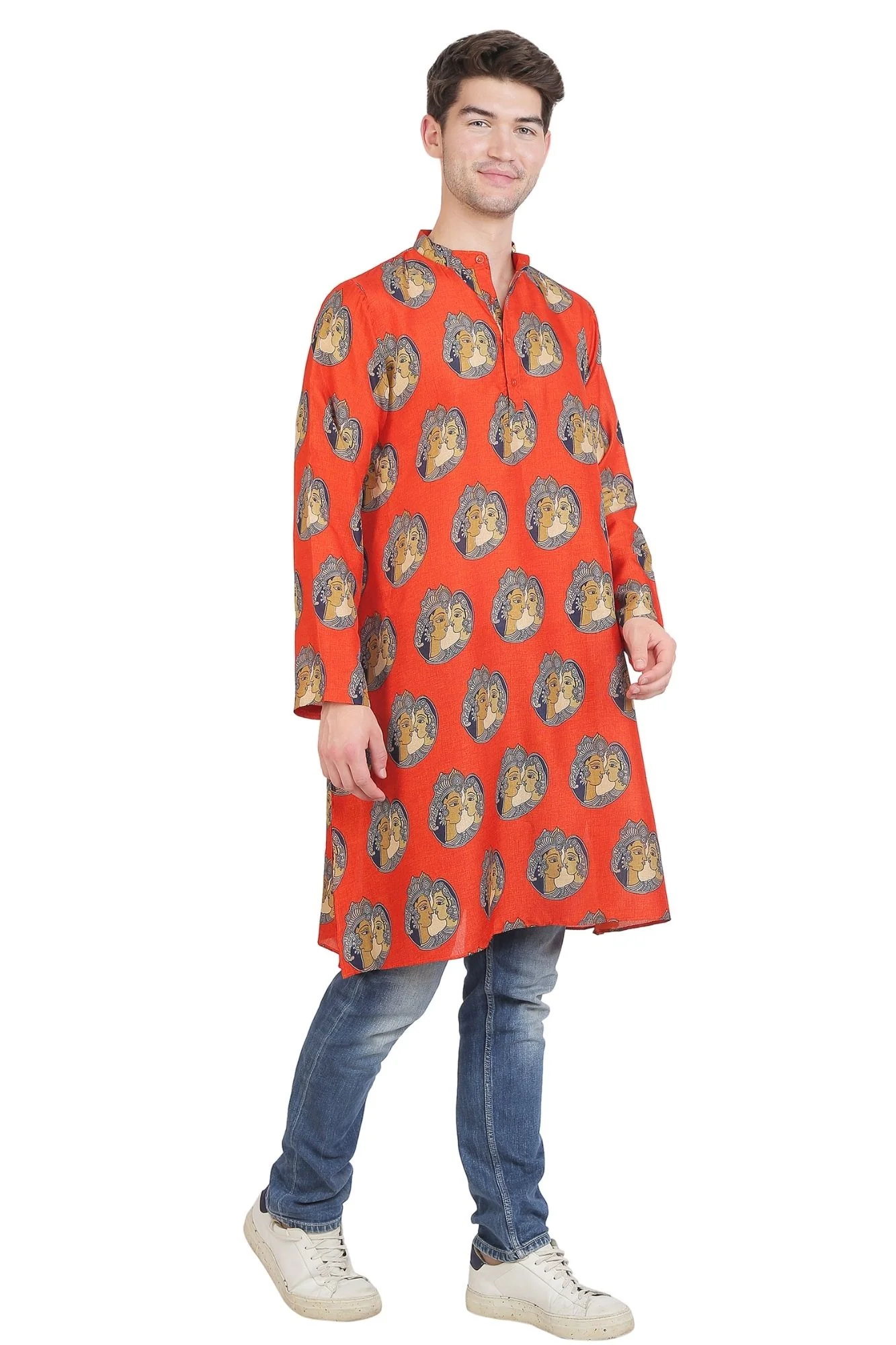Men Apricot Kalamkari Printed Silk Kurta - Chenance