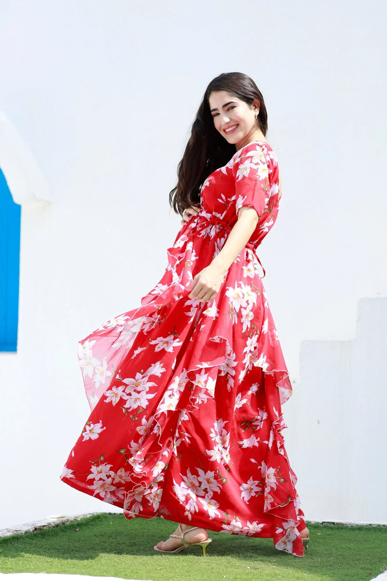 Crimson Red Blossom Maternity Flow Dress - Chenance