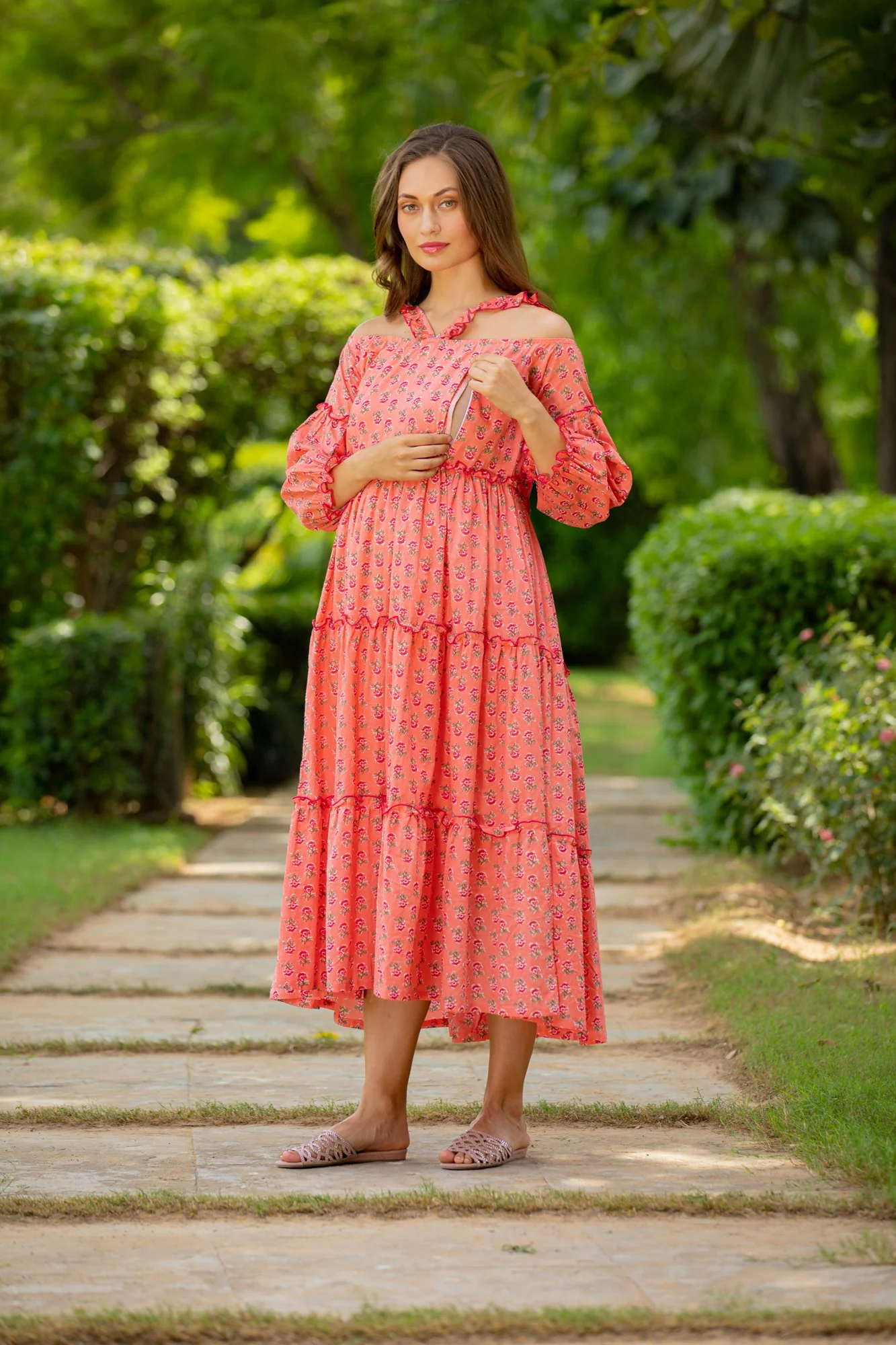 Peony Pink Maternity & Nursing Frill Cotton Dress - Chenance