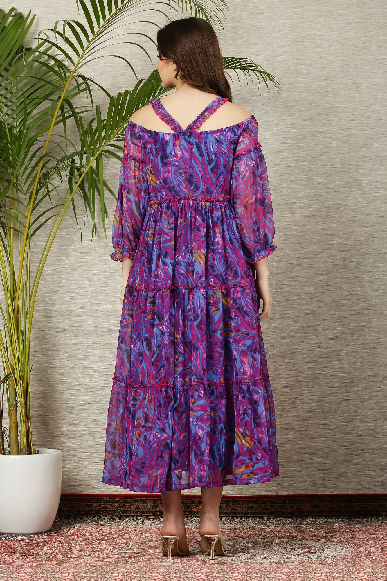 Petite Purple Wave Chiffon Halter Maternity & Nursing Frill Dress - Chenance