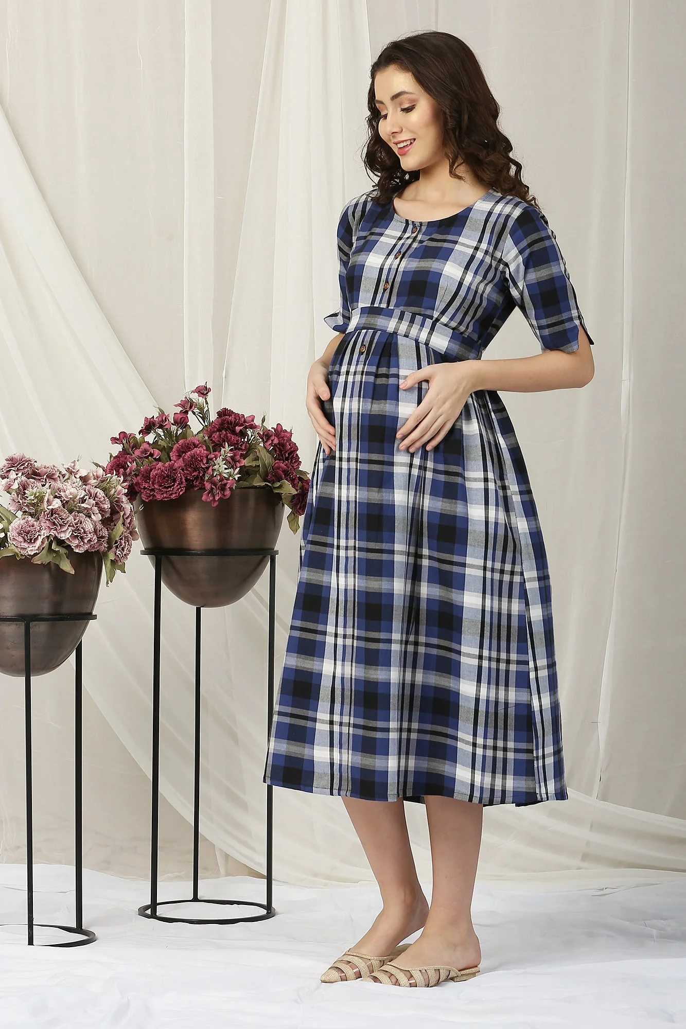Classy Blue Plaid Maternity & Nursing Dress - Chenance