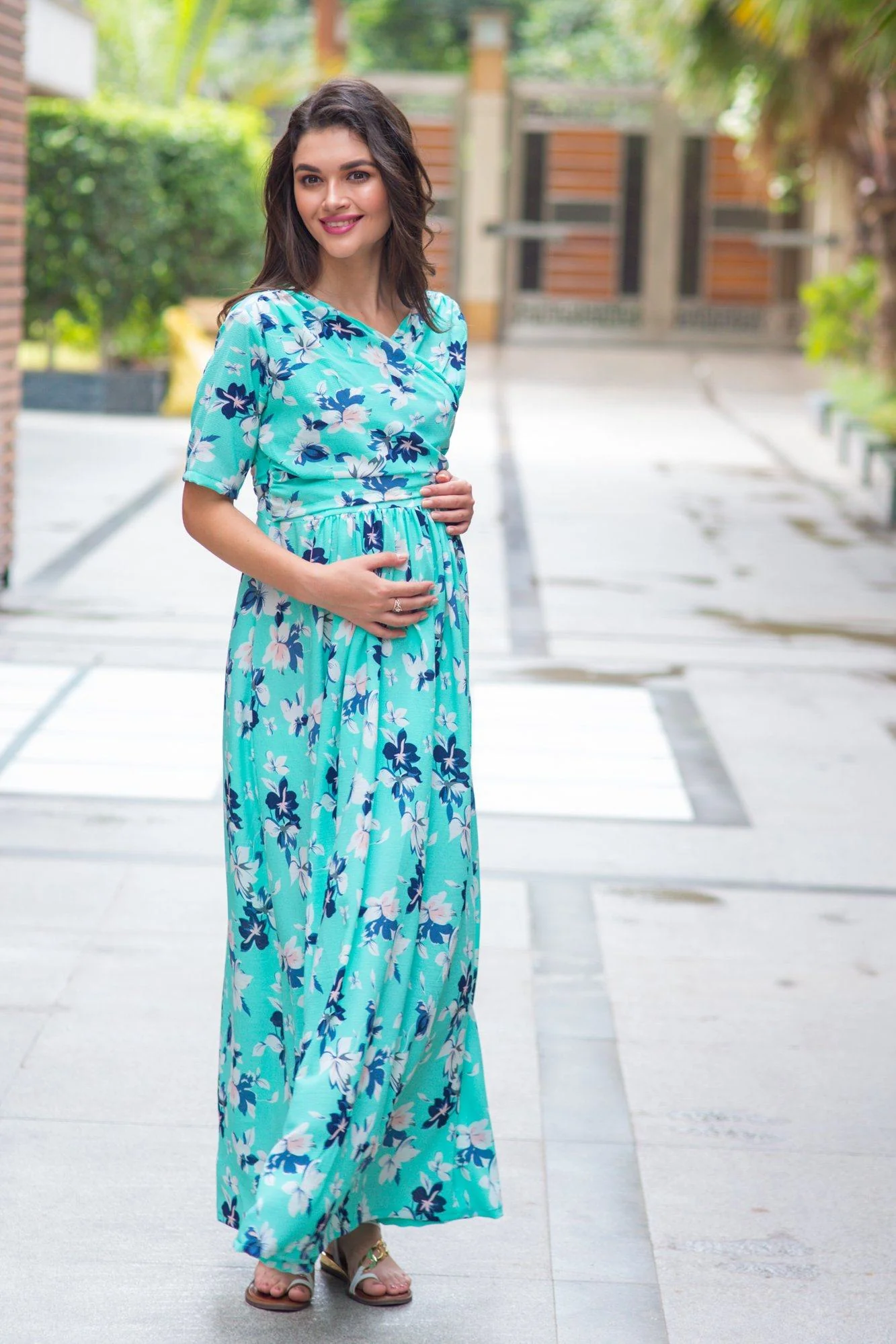 Mint Aquamarine Blossom Maternity & Nursing Wrap Dress - Chenance