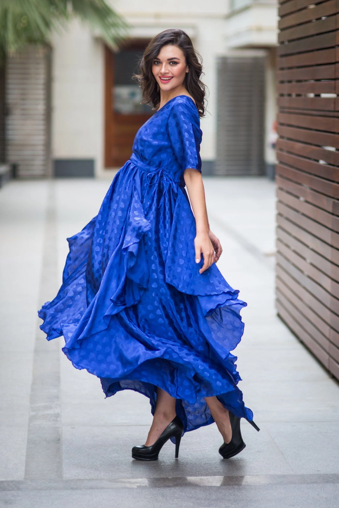 Luxe Electric Blue Embellished Satin Maternity Dress - Chenance