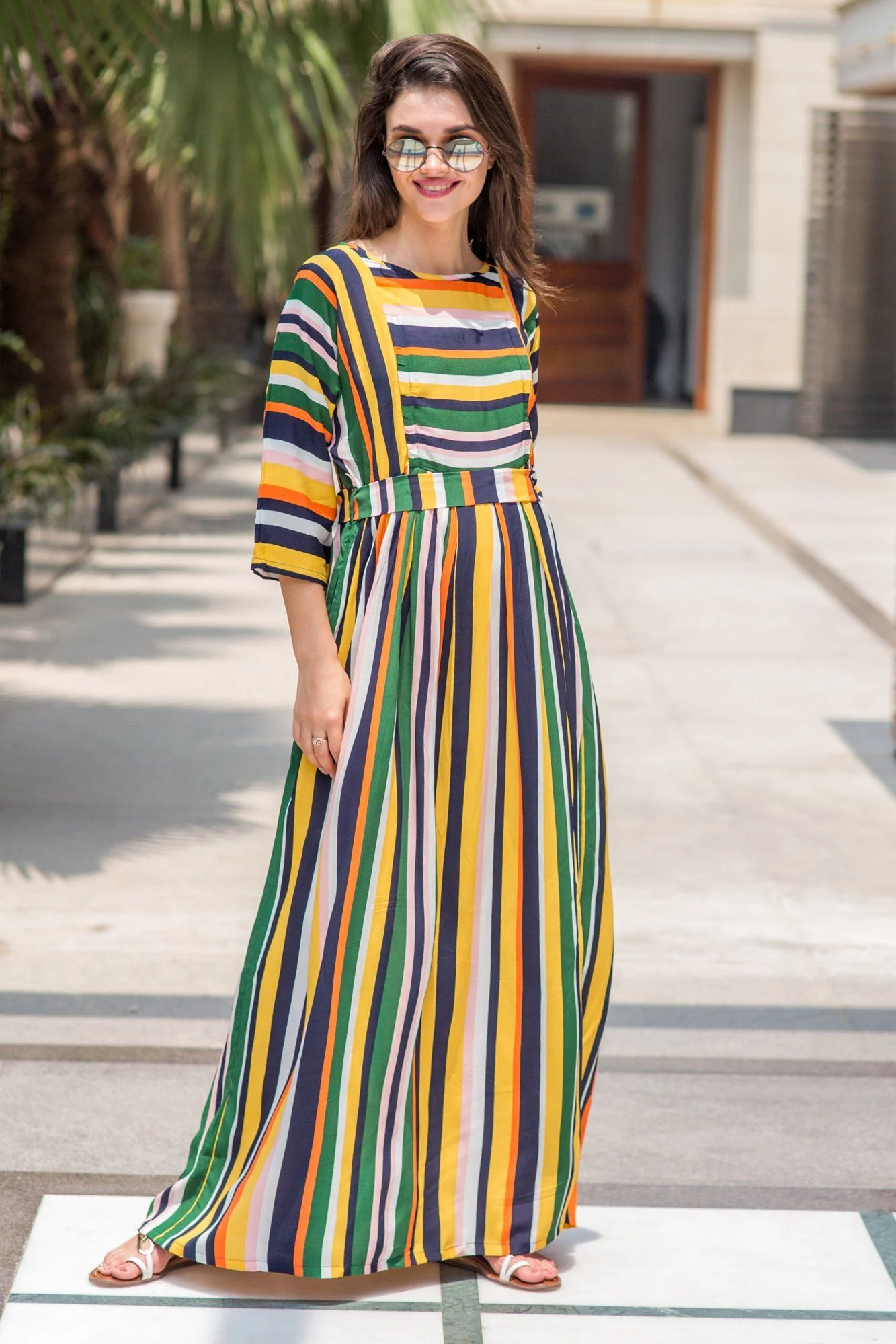 Vivacious Multicolor Striped Crepe Maternity & Nursing Maxi - Chenance