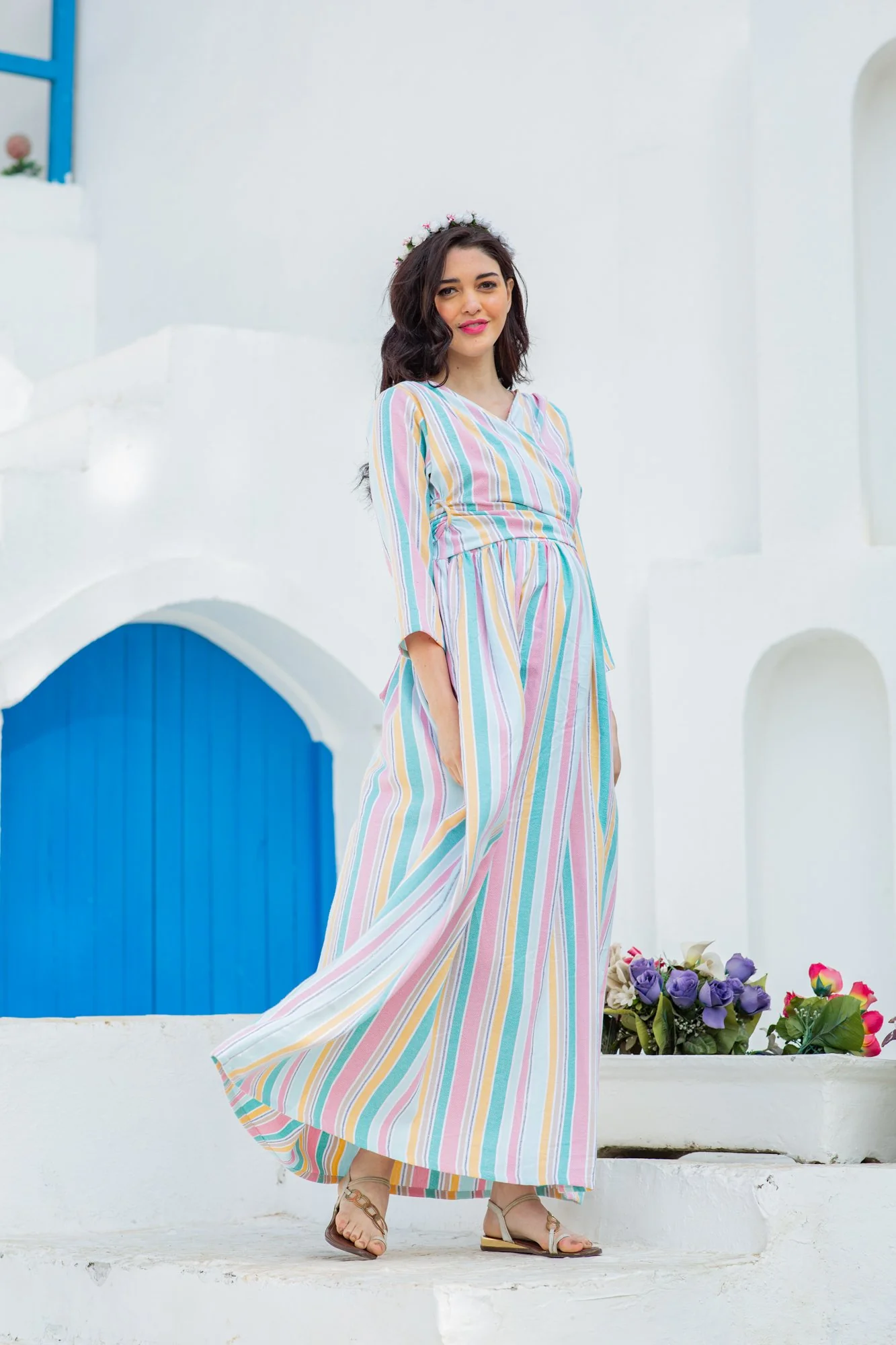 Pastel Striped Maternity & Nursing Wrap Dress - Chenance
