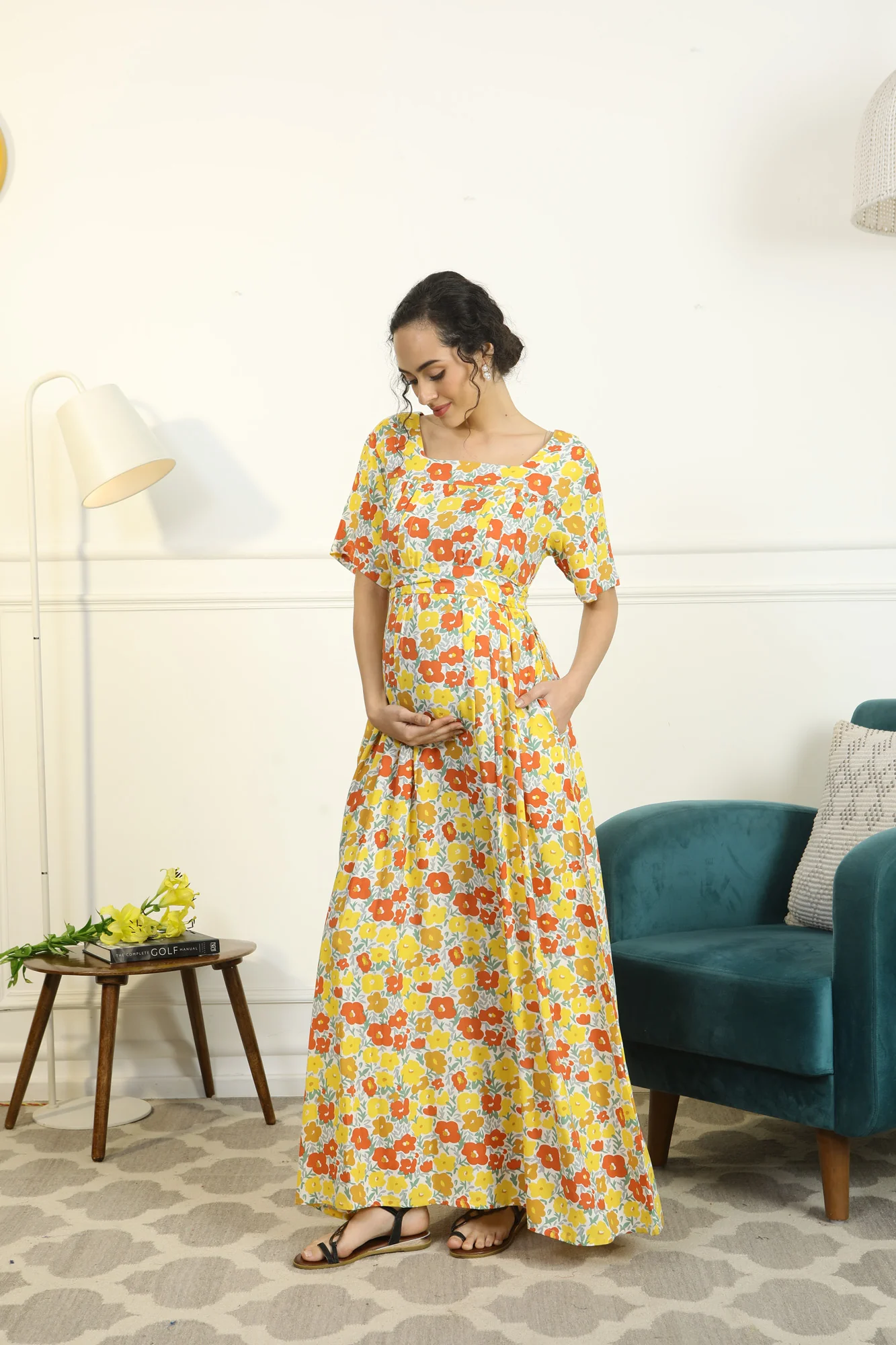 Miami Comfy Flower Pop Maternity & Nursing Concealed Zips Night Dress - Chenance
