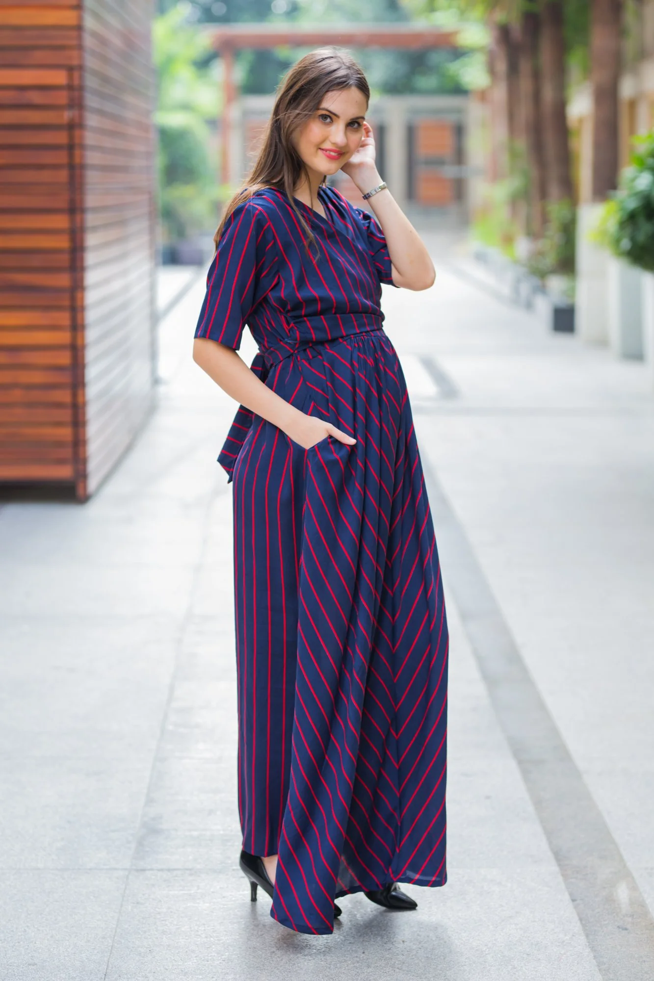 Era Navy Striped Maternity & Nursing Wrap Dress - Chenance