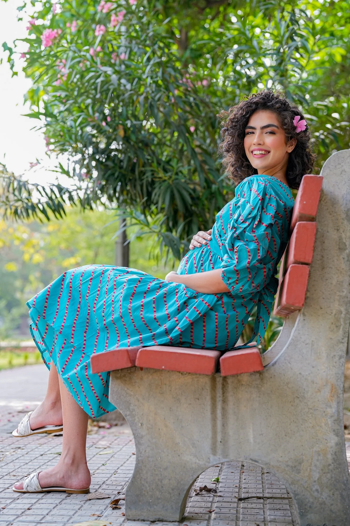 Charming Cerulean Blue Maternity & Nursing Frill Wrap Dress (100% Cotton) - Chenance