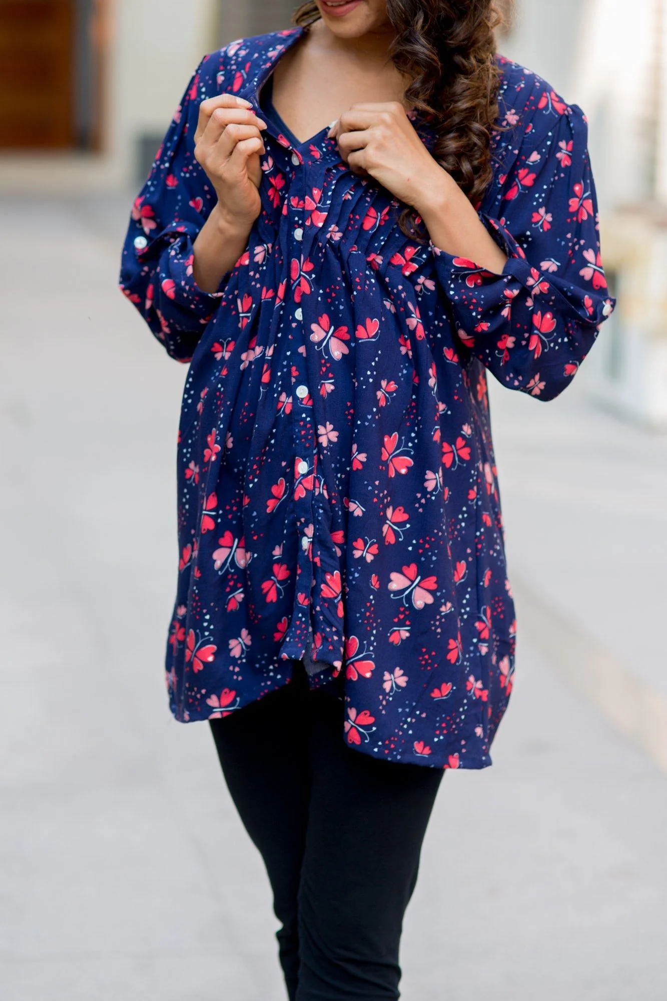 Midnight Blue Pintucks Maternity and Nursing Shirt - Chenance