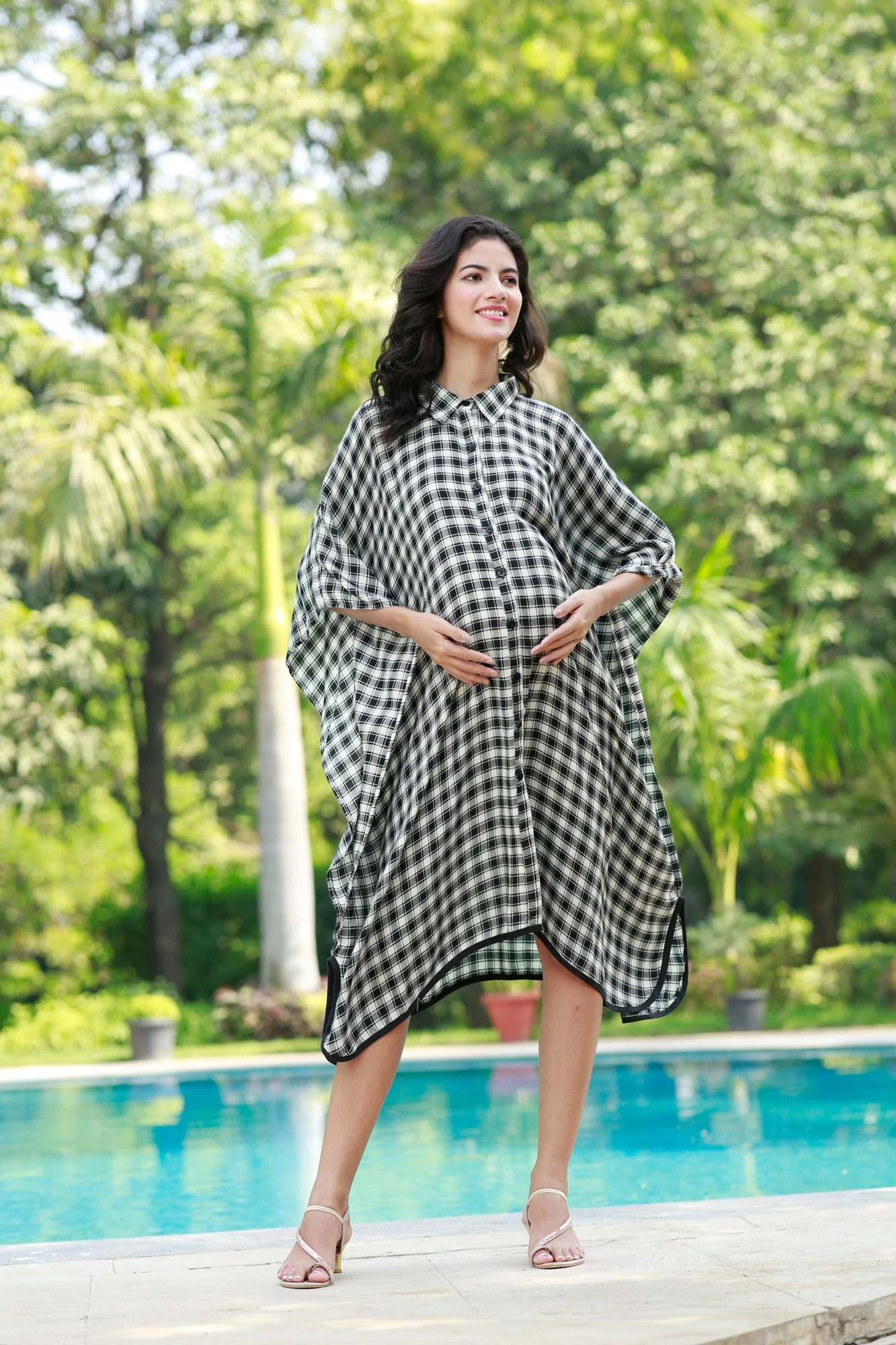 Forever Black & White Plaid Maternity & Nursing Kaftan Shirt Dress - Chenance