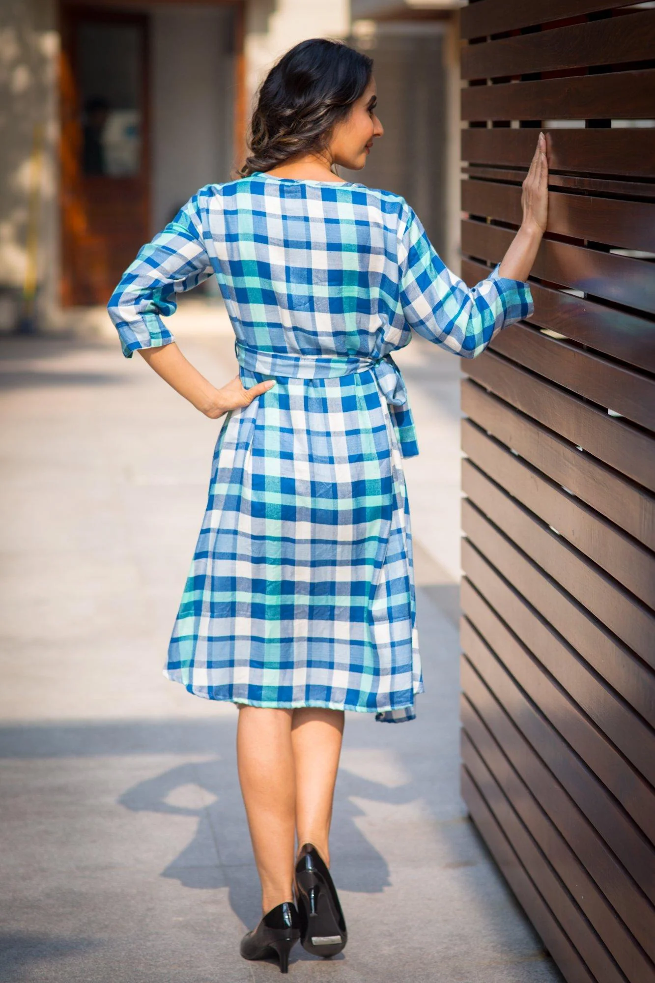 Saphire Blue Plaid Pintucks Maternity & Nursing Dress - Chenance
