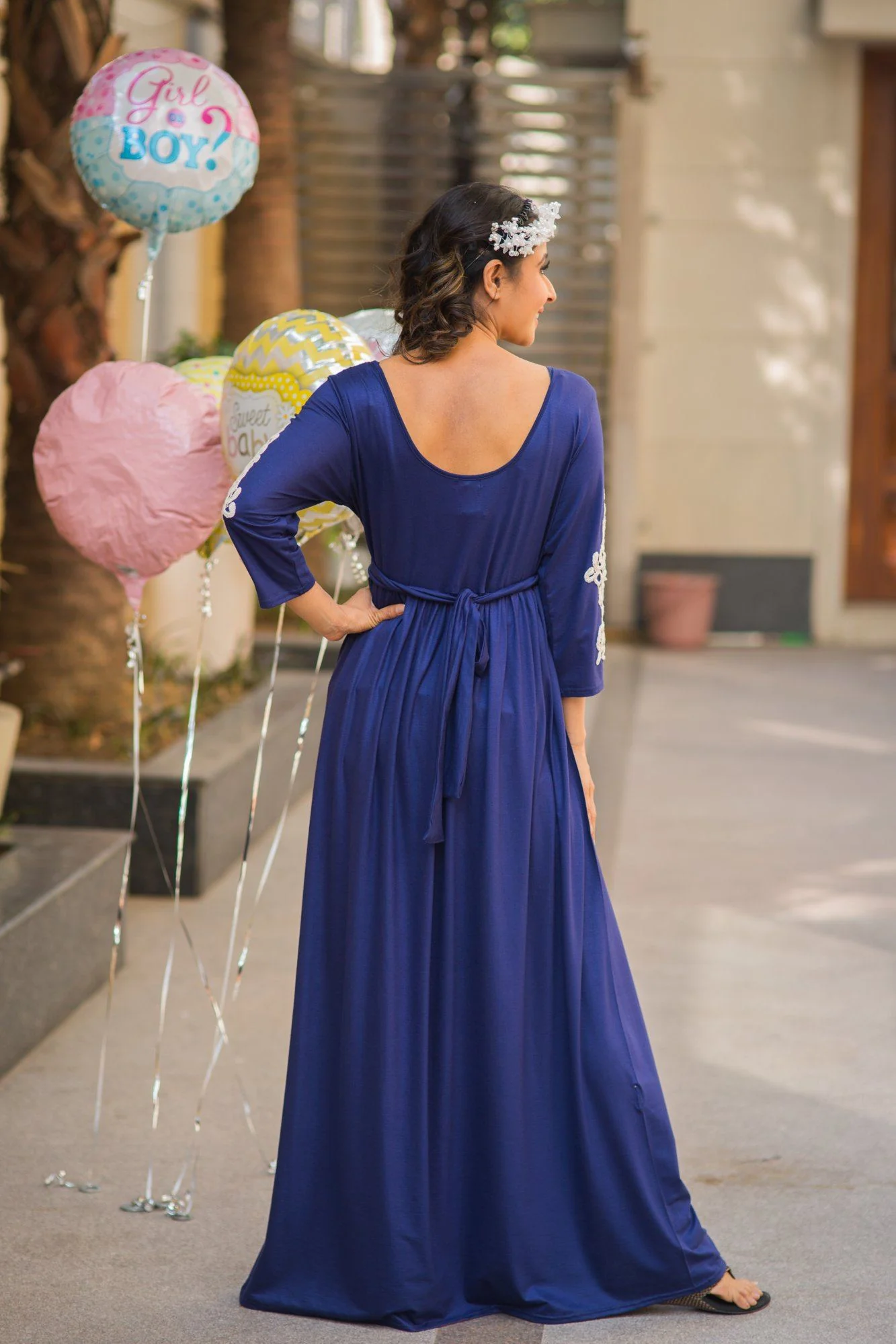 Royal Midnight Blue Lycra Crochet Maternity Dress - Chenance