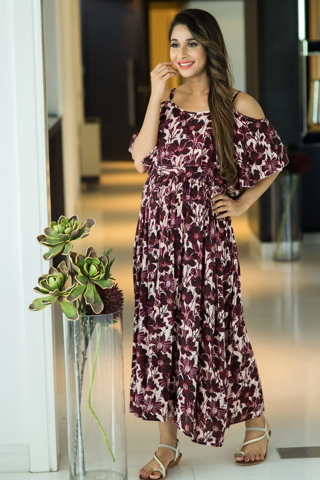 Mulberry Floral Cold Shoulder Maternity & Nursing Maxi Dress - Chenance