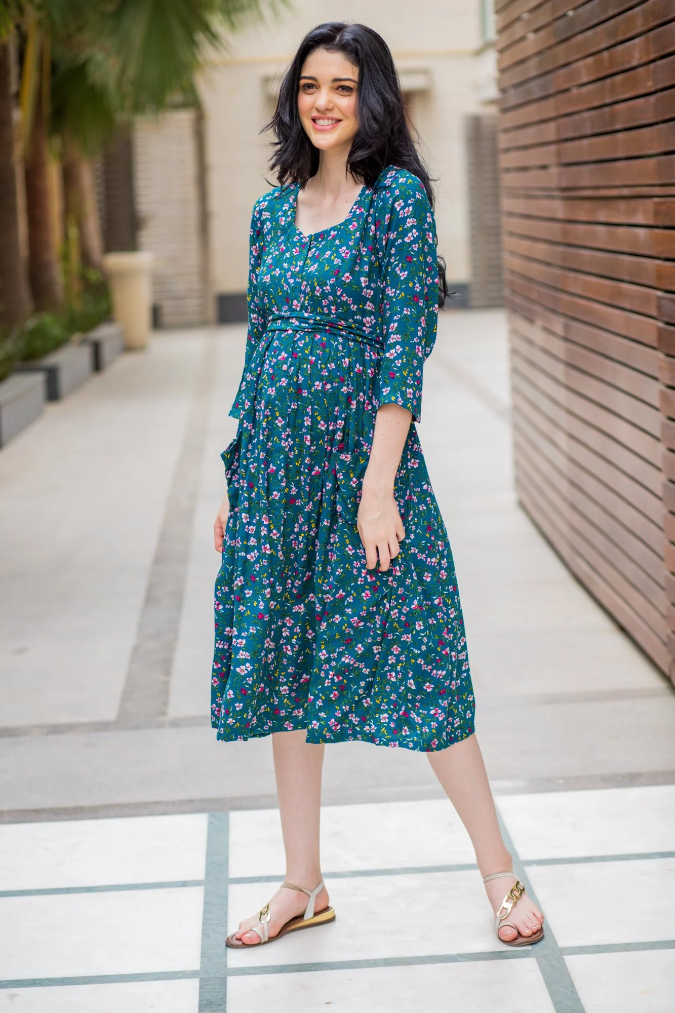 Pine Green Floral Pocket Maternity & Nursing Dress - Chenance