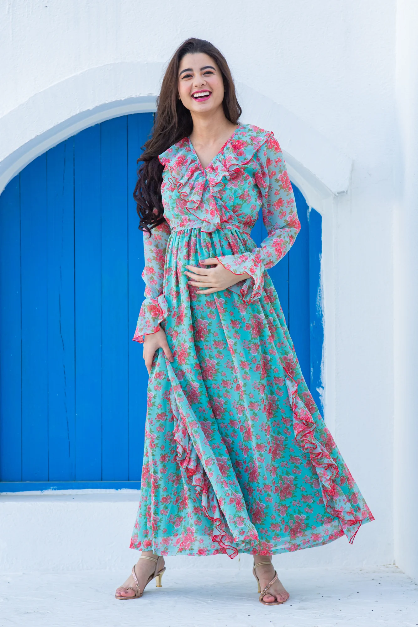 Pretty Aqua Pink Fresh Blossom Maternity Frill Dress - Chenance