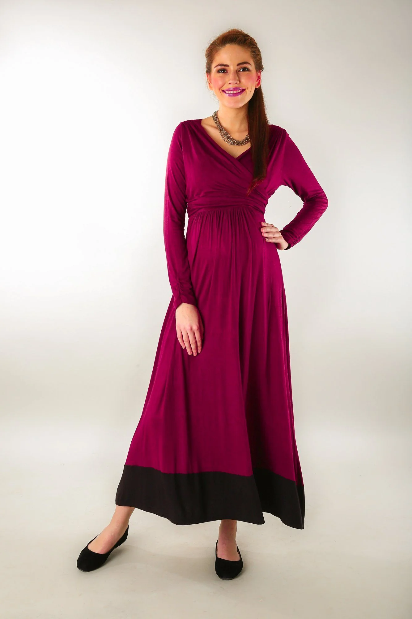 Elegant Mulberry Wine Front Wrap Maternity & Nursing Dress - Chenance