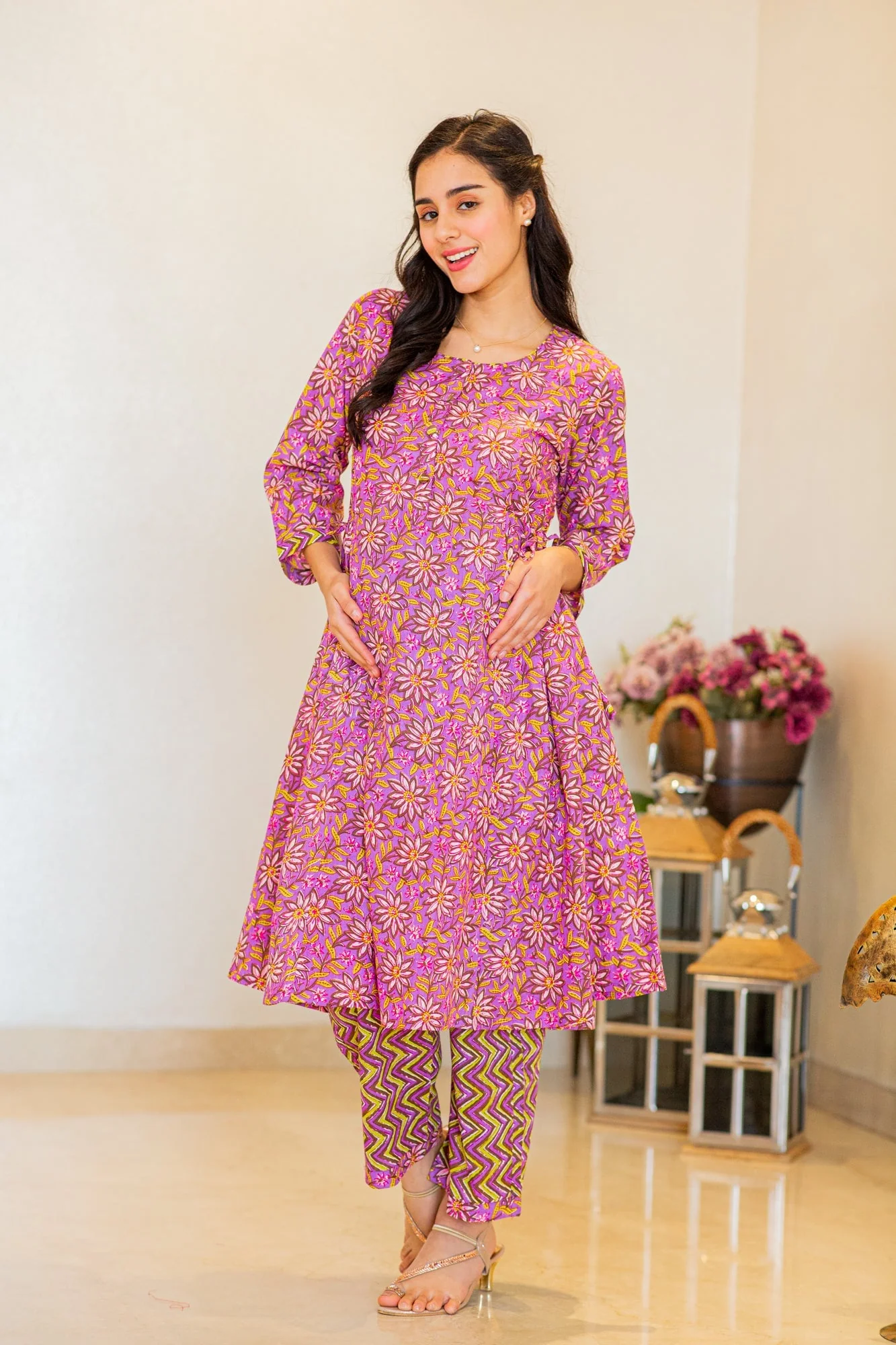Stunning Purple Floral Maternity & Nursing Kurta Set (2pc) (100% Cotton) - Chenance