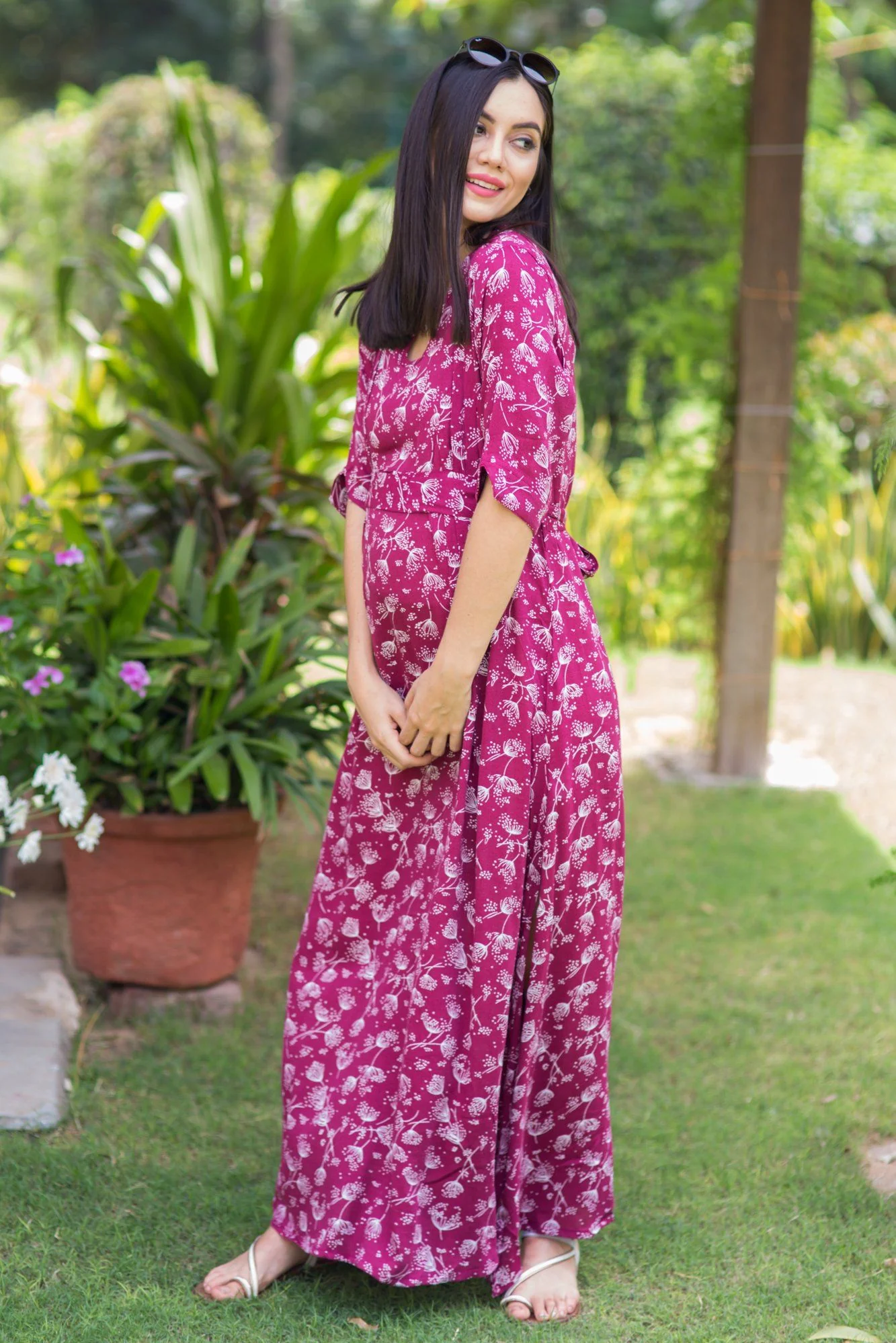 Burgandy Moss Side Slit Concealed Zips Maternity & Nursing Dress - Chenance