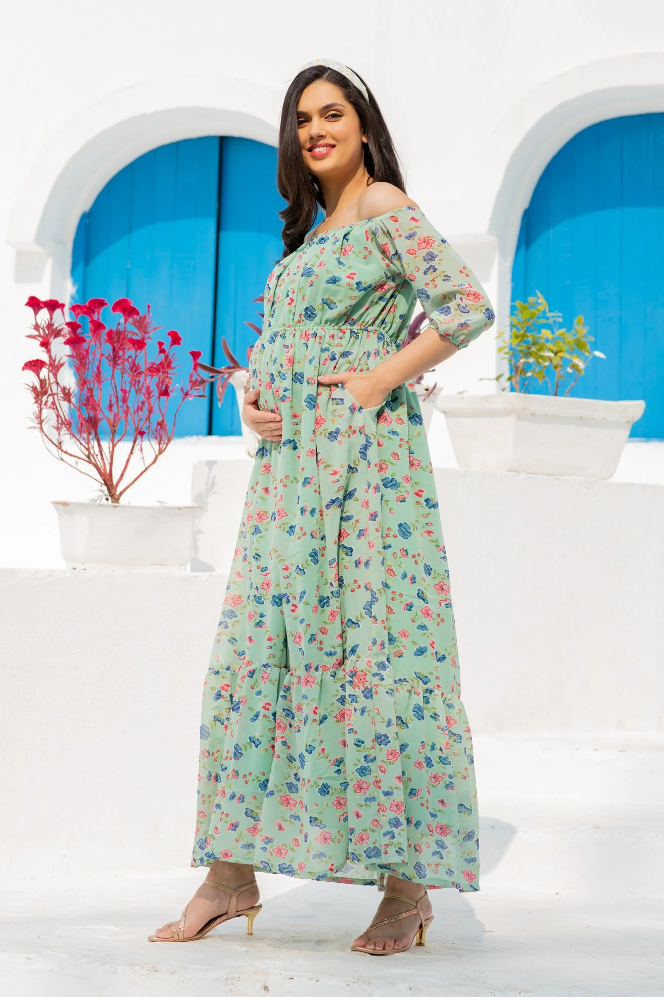 Mint Green Floral Dual Off-Shoulder Boat Neck Maternity & Nursing Maxi Dress - Chenance