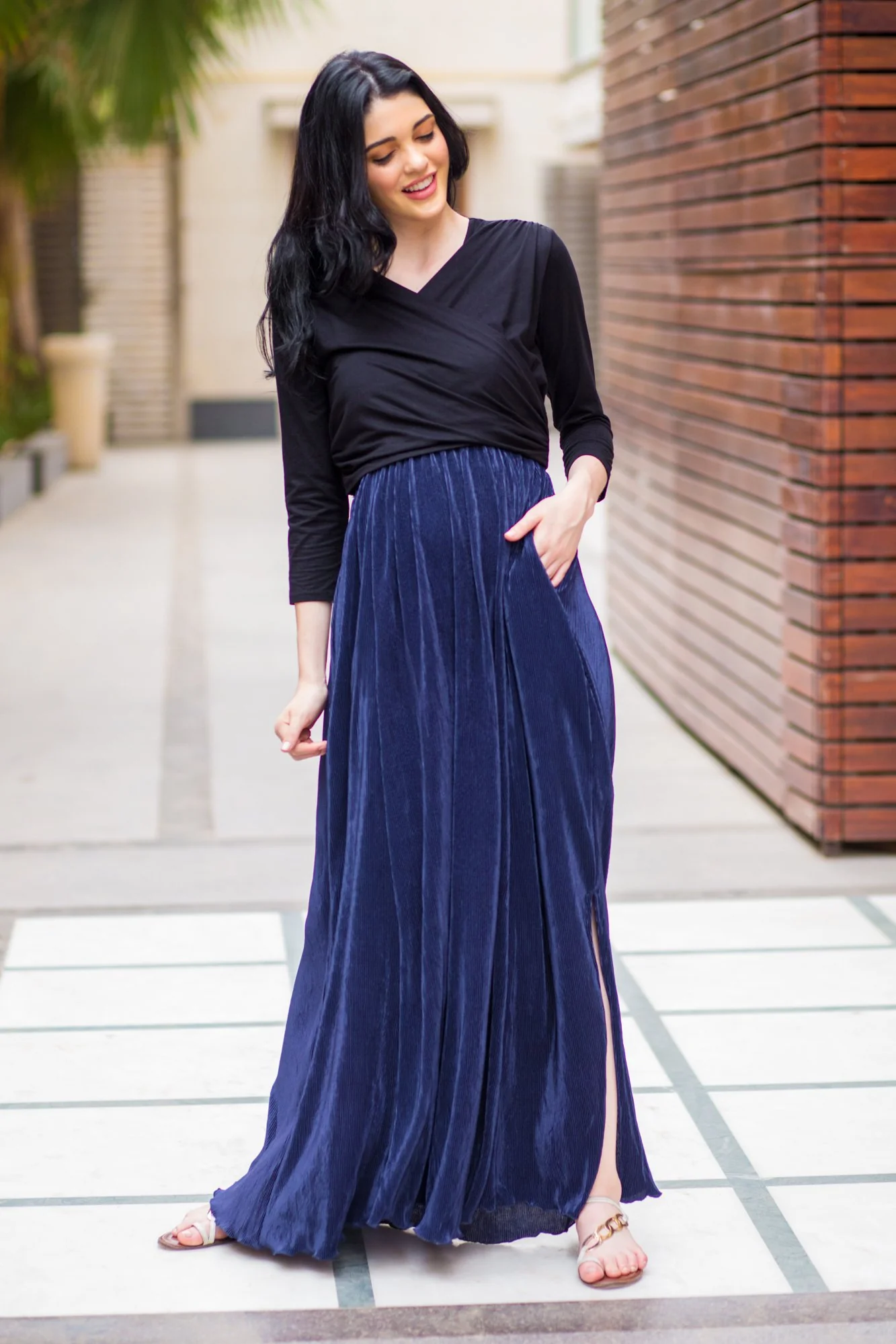 Luxe Navy Pleated & Nursing Wrap Dress - Chenance