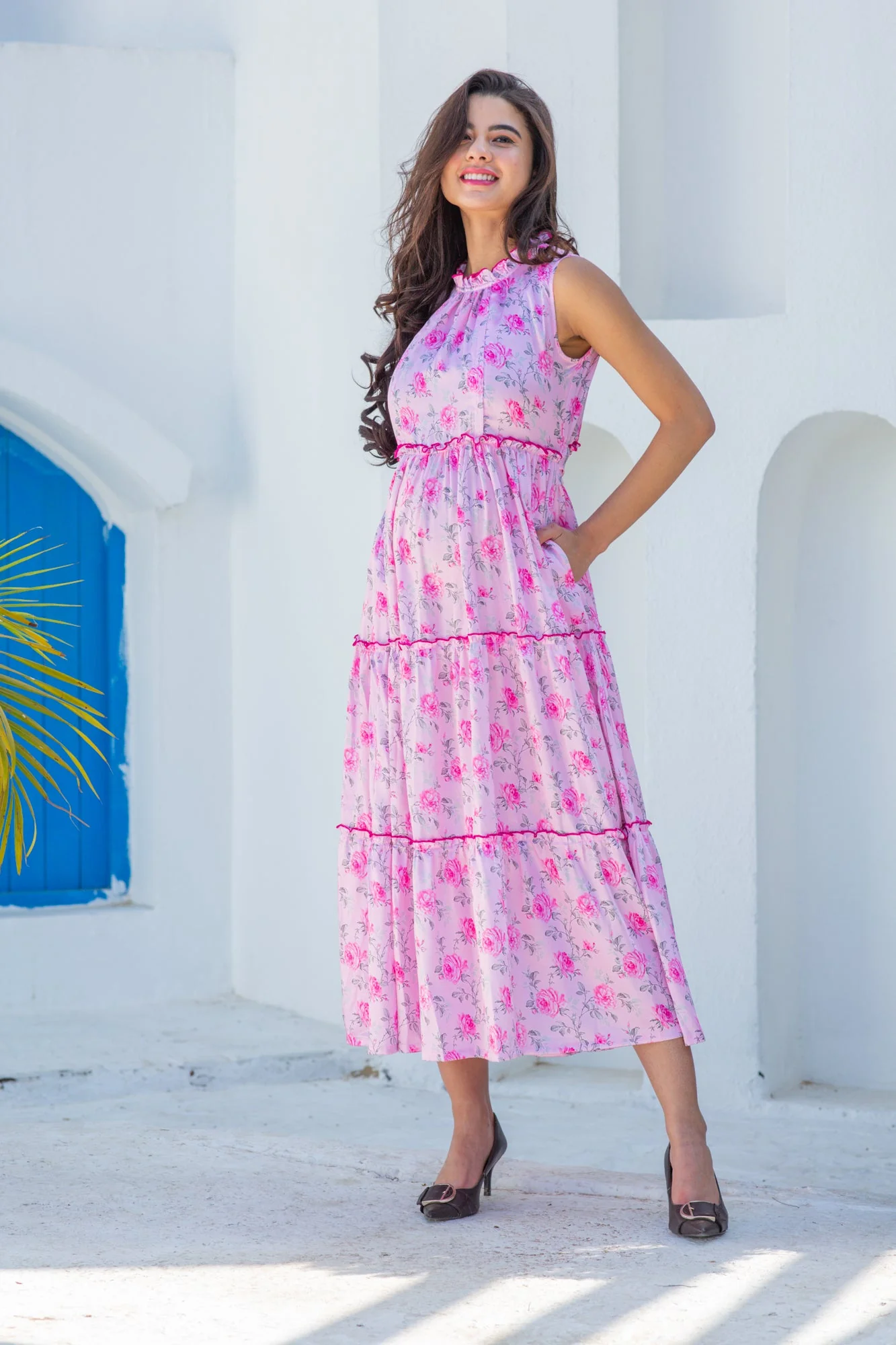 Royal Baby Pink Maternity & Nursing Concealed Zips Frill Dress - Chenance