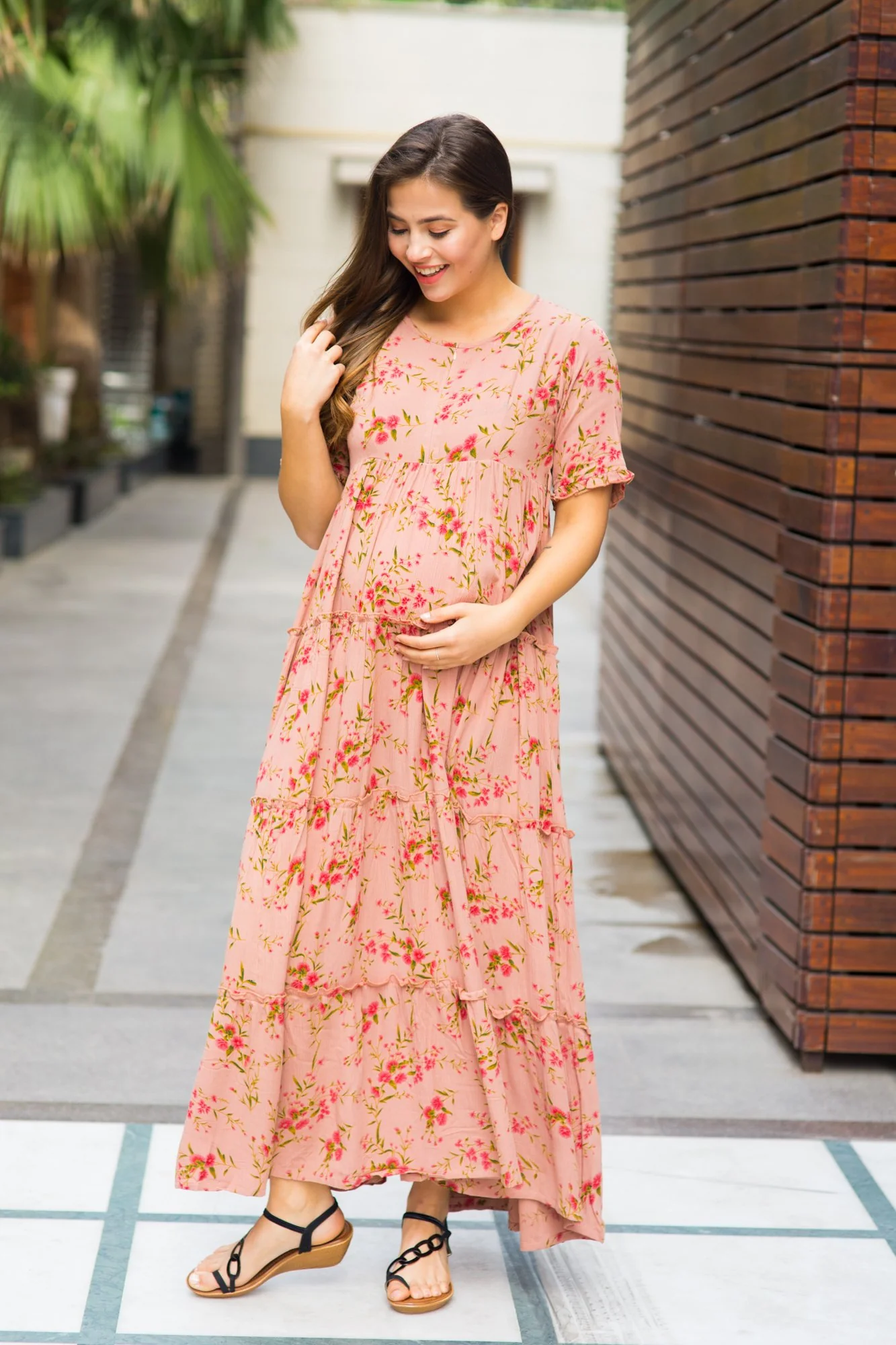 Multilayer Light Peach Frill Maternity & Nursing Dress - Chenance