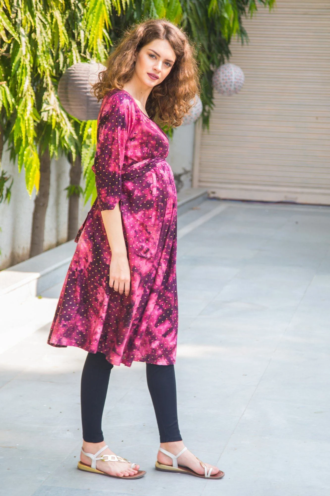 Plum Foil Print Pintucks Maternity & Nursing Kurta Dress - Chenance