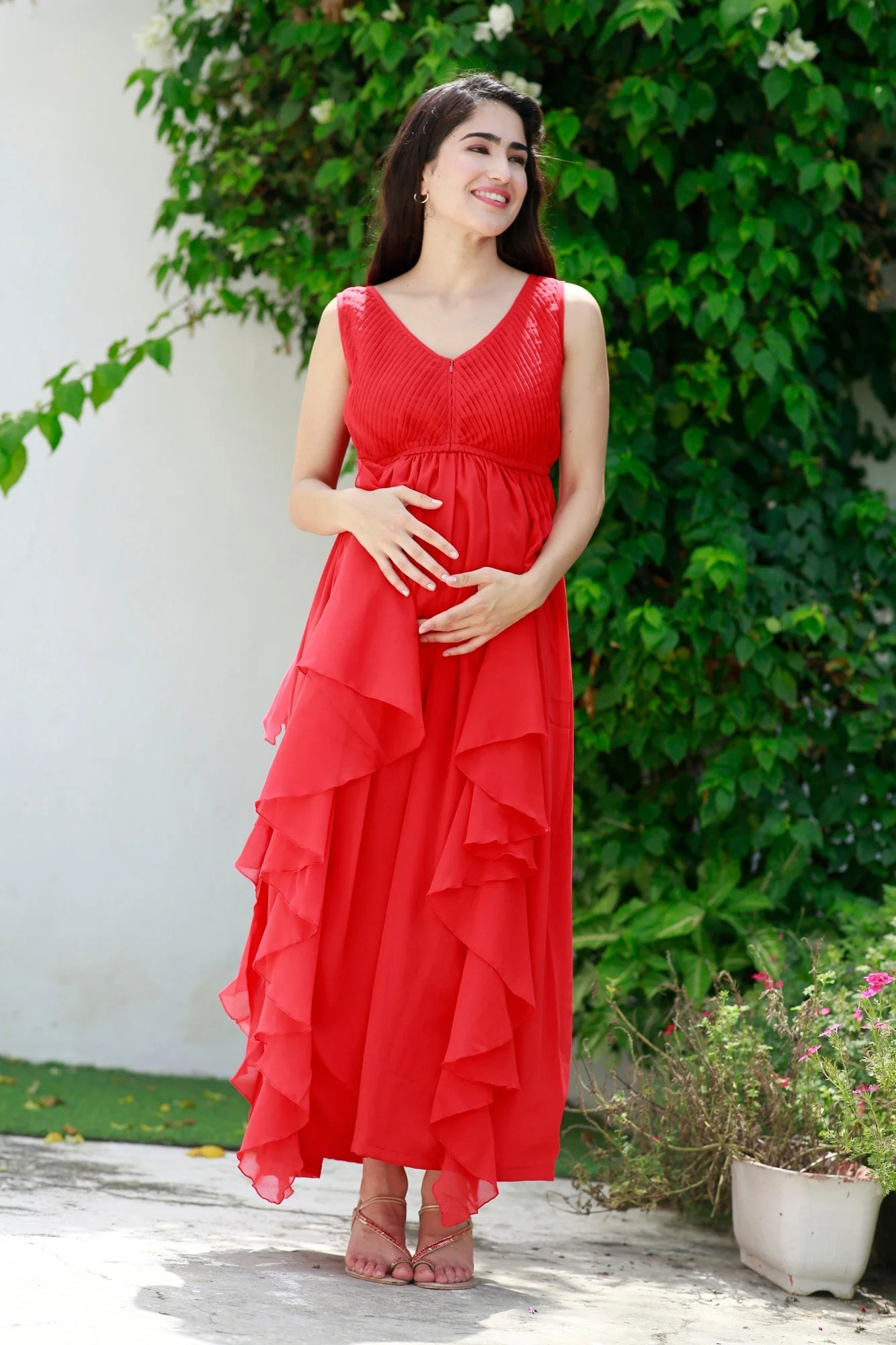 Luxe Scarlet Maternity & Nursing Pintucks Flow Dress - Chenance
