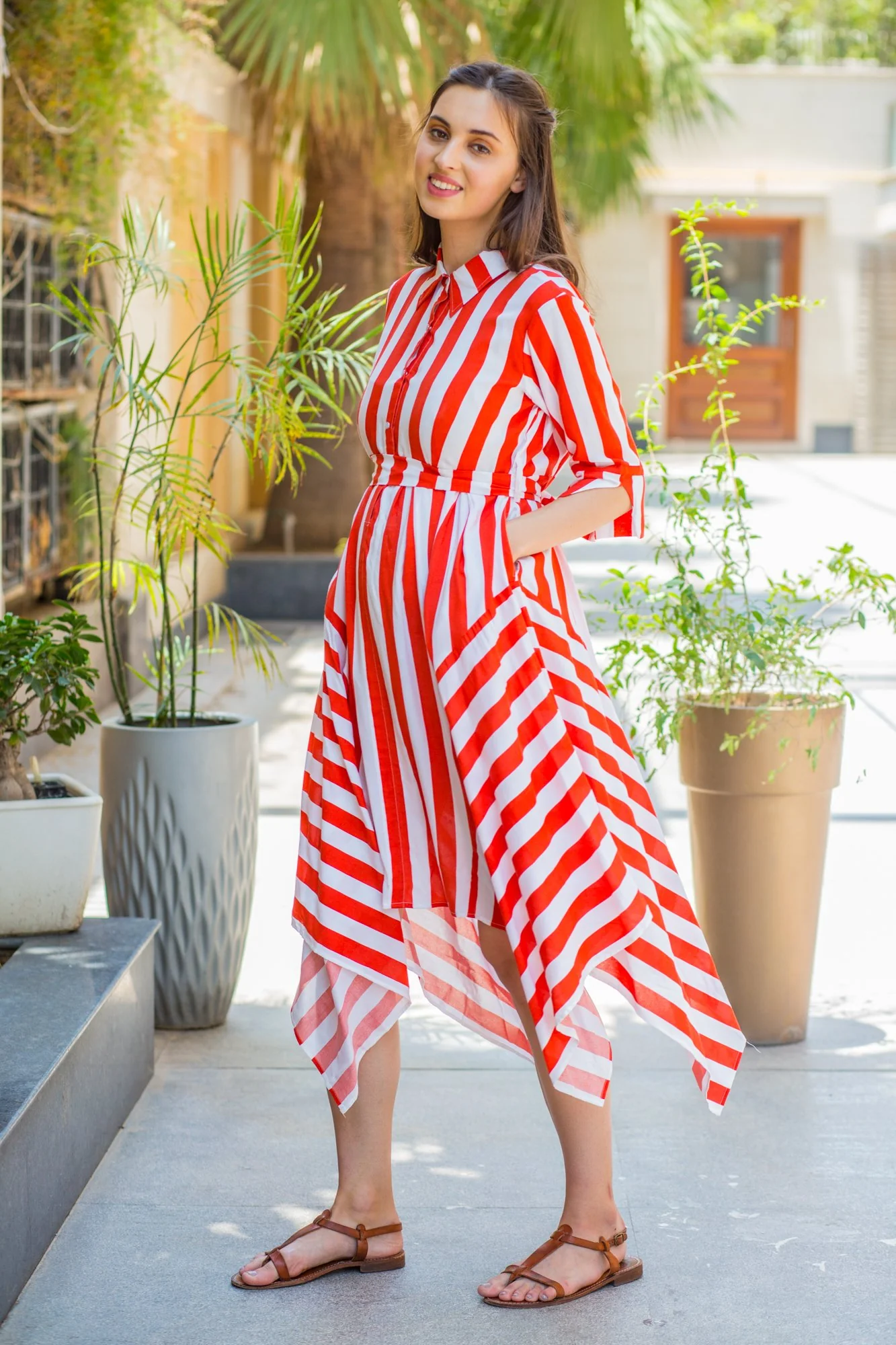 Candy Red Striped Maternity & Nursing Assymetrical Dress - Chenance