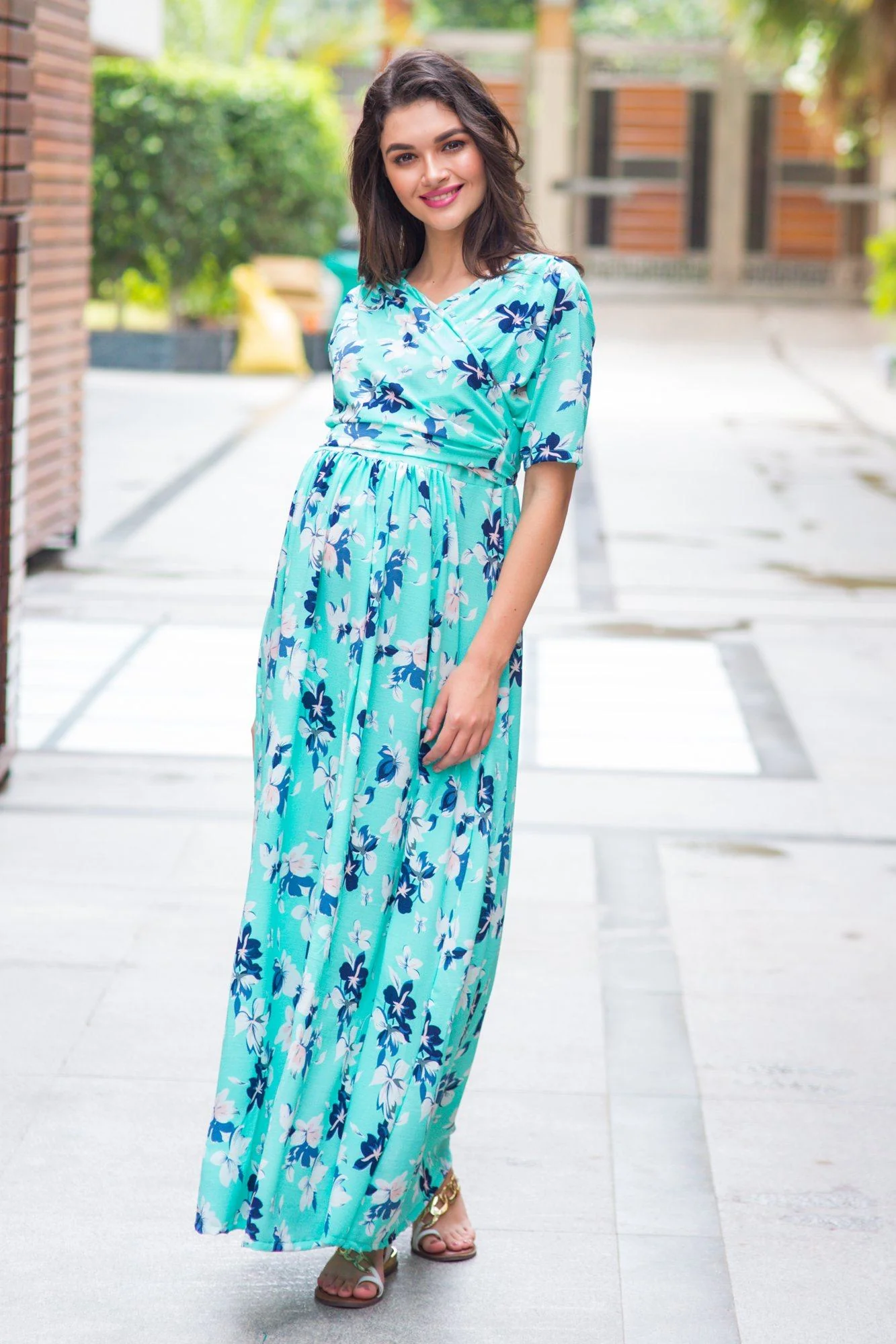Mint Aquamarine Blossom Maternity & Nursing Wrap Dress - Chenance