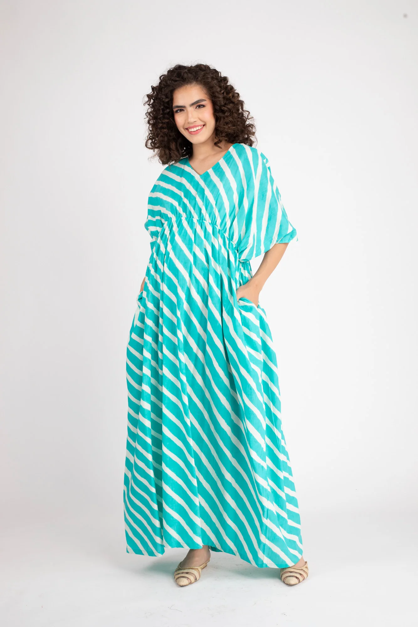 Teal Green Striped Maternity Kaftan Dress (100% Cotton) - Chenance