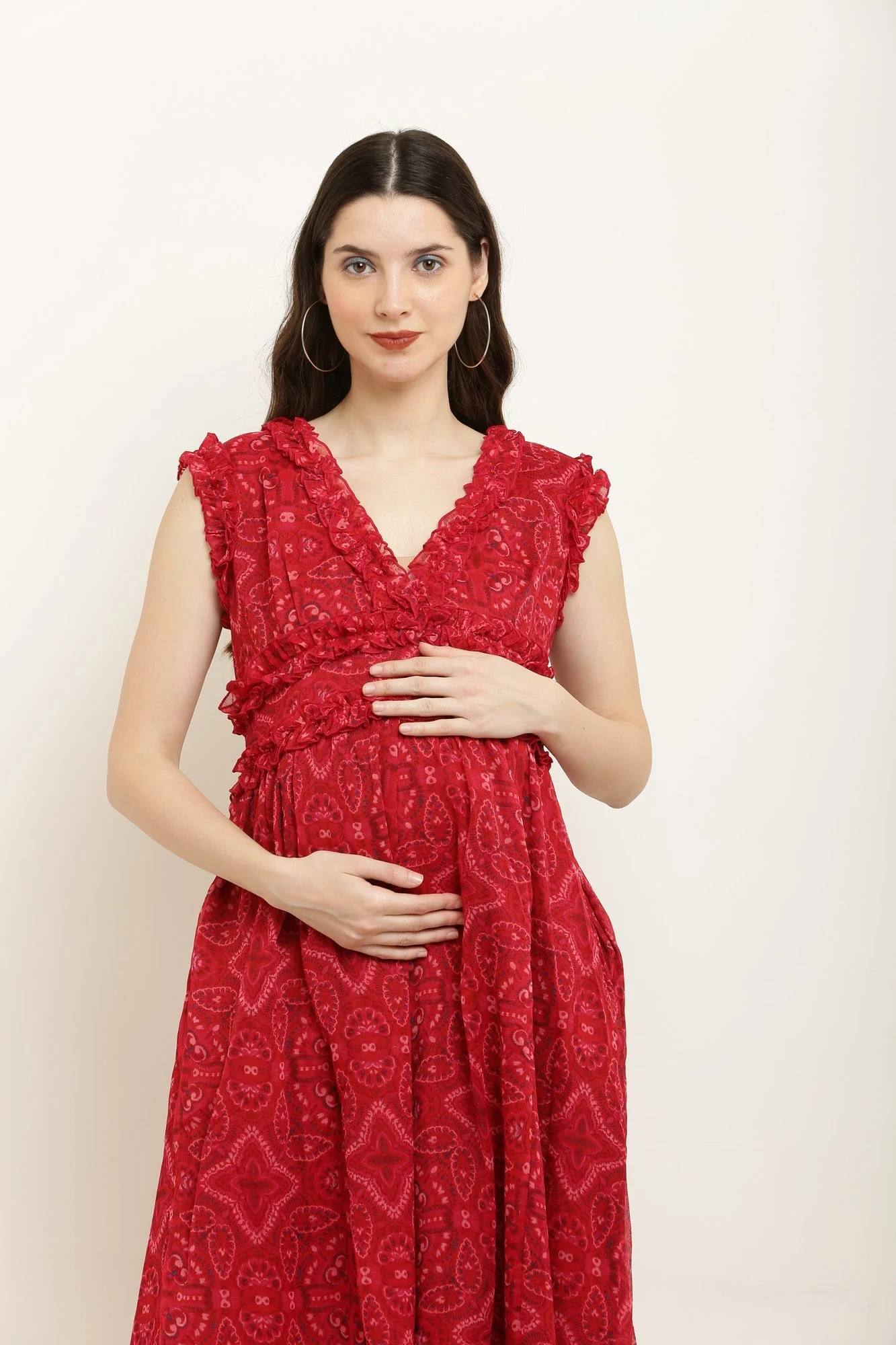 Poppy Red Ethnic Print Maternity Chiffon Dress - Chenance