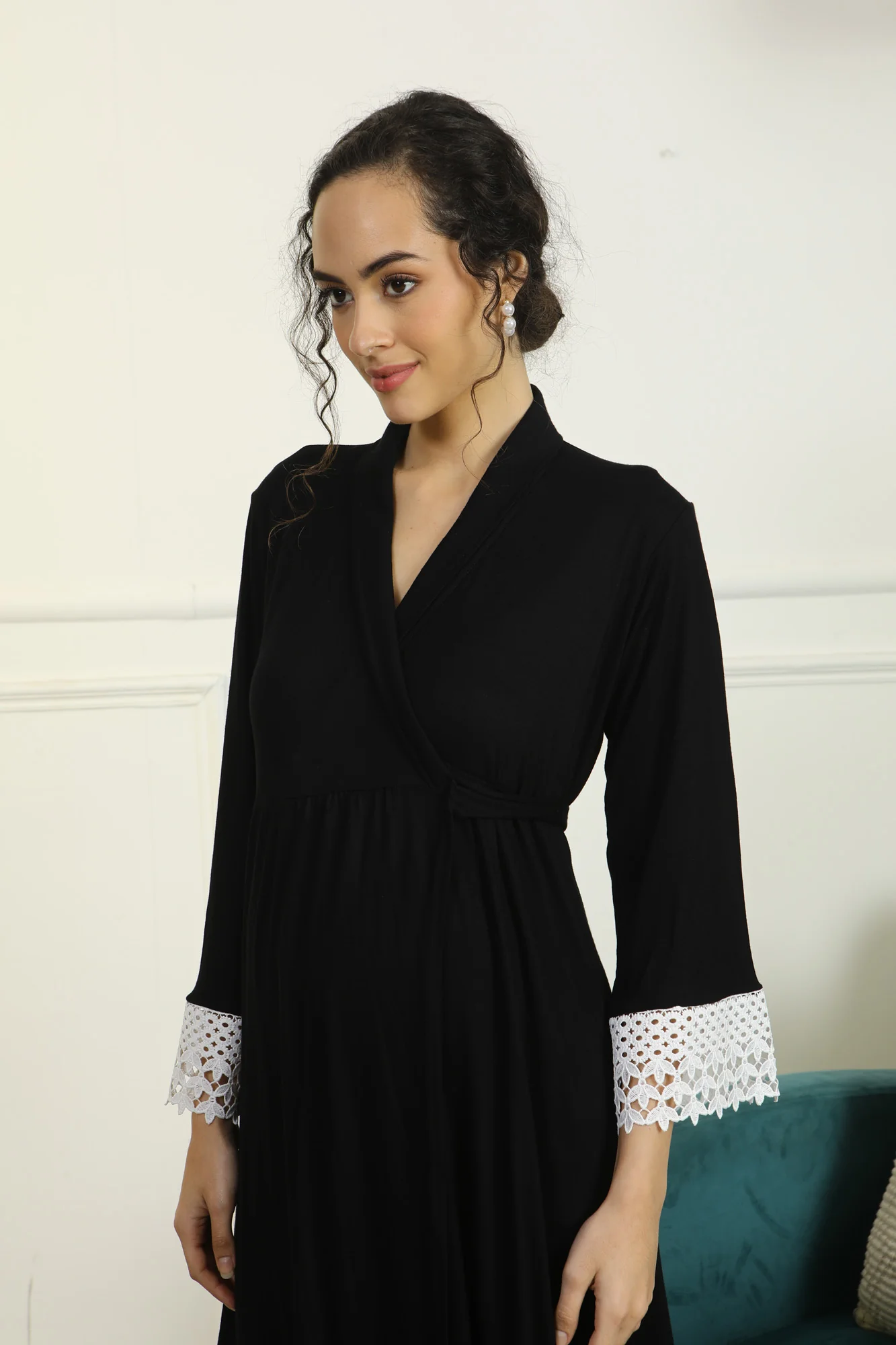 Royal Black Lycra Maternity & Nursing Wrap Nightwear Dress + Matching Baby Swaddle Set Of 2 - Chenance