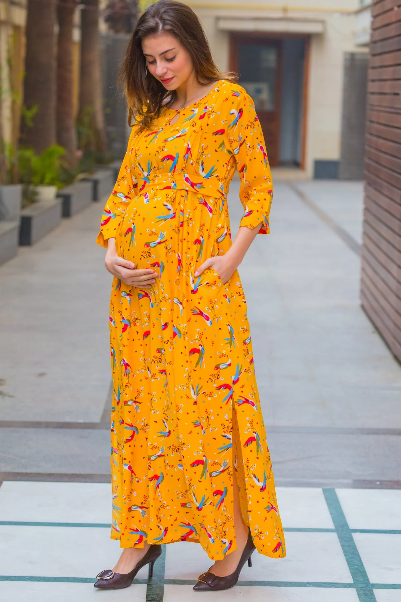 Yellow Birds Side Slits Maternity & Nursing Dress - Chenance