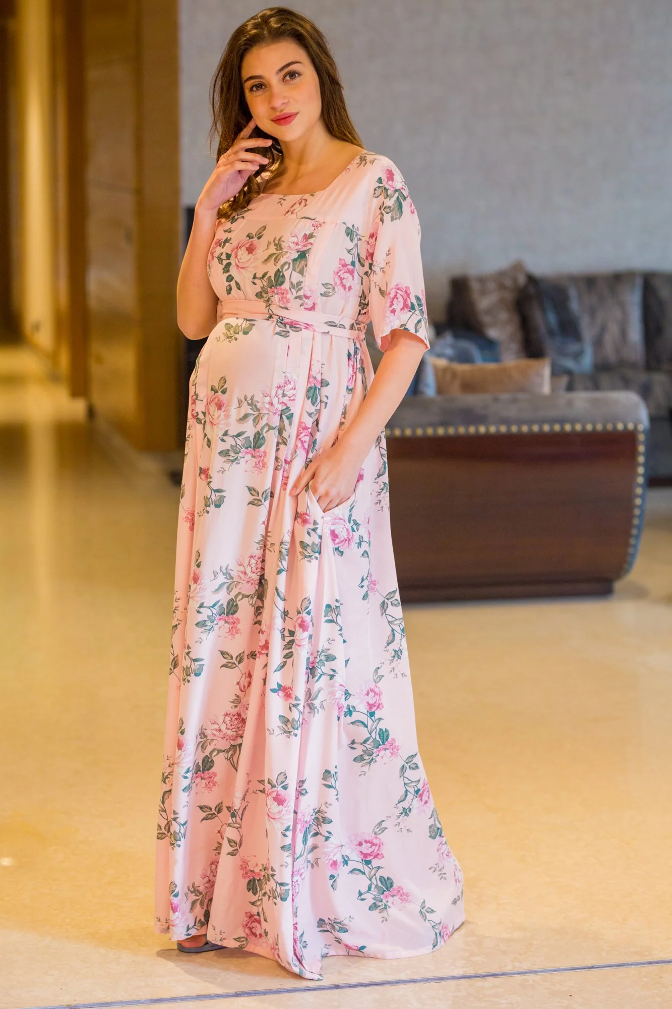 Rosy Pink Maternity & Nursing Night Dress - Chenance