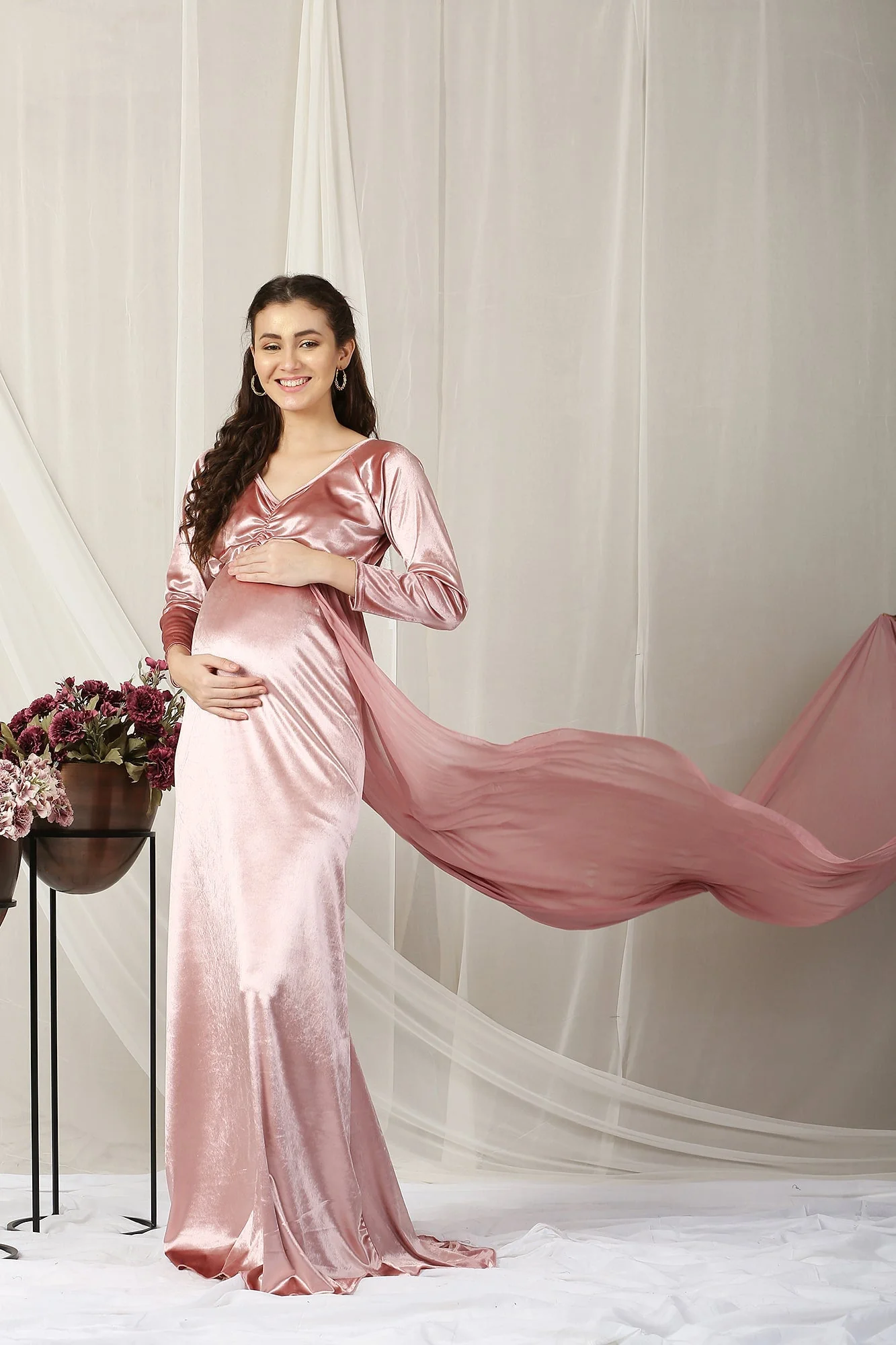 Luxe Sage Pink Trail Maternity Photoshoot Gown - Chenance