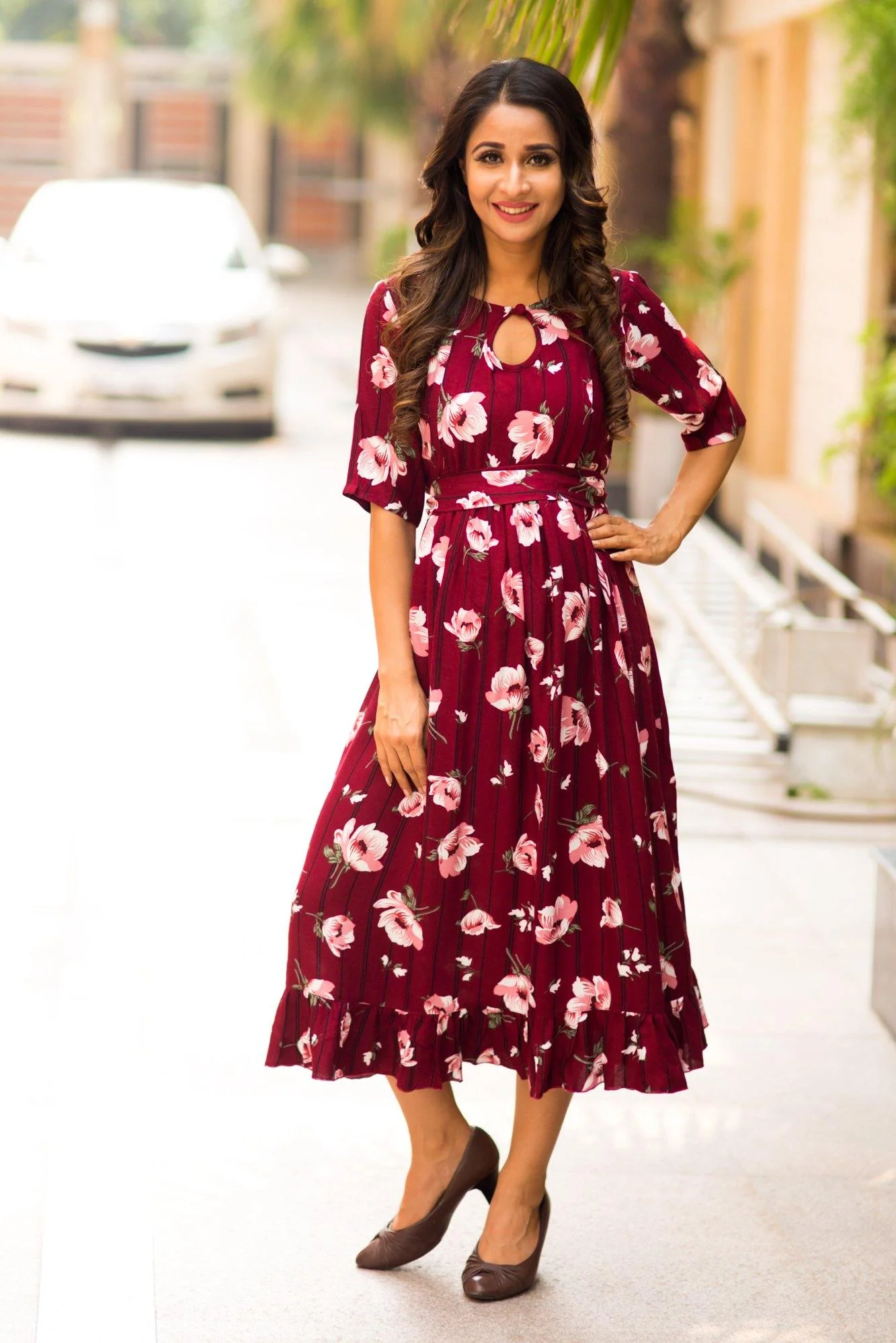 Burgandy Floral Striped Frill Concealed Zips Maternity & Nursing Dress - Chenance