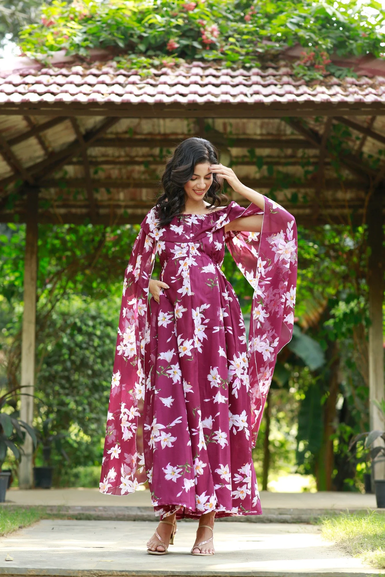 Burgundy Cascading Floral Flying Sleeves Maternity & Nursing Dress - Chenance