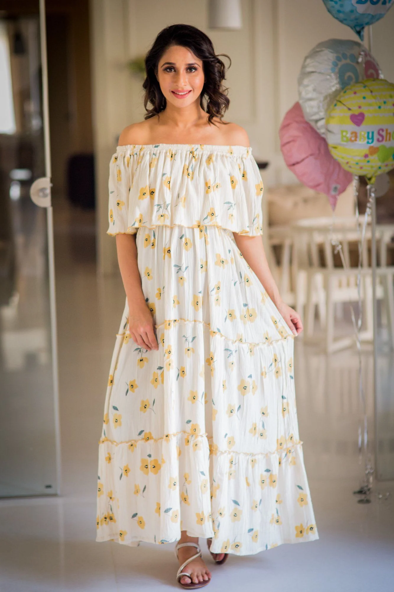 Offwhite Marigold Off-Shoulder Maternity Maxi Dress - Chenance