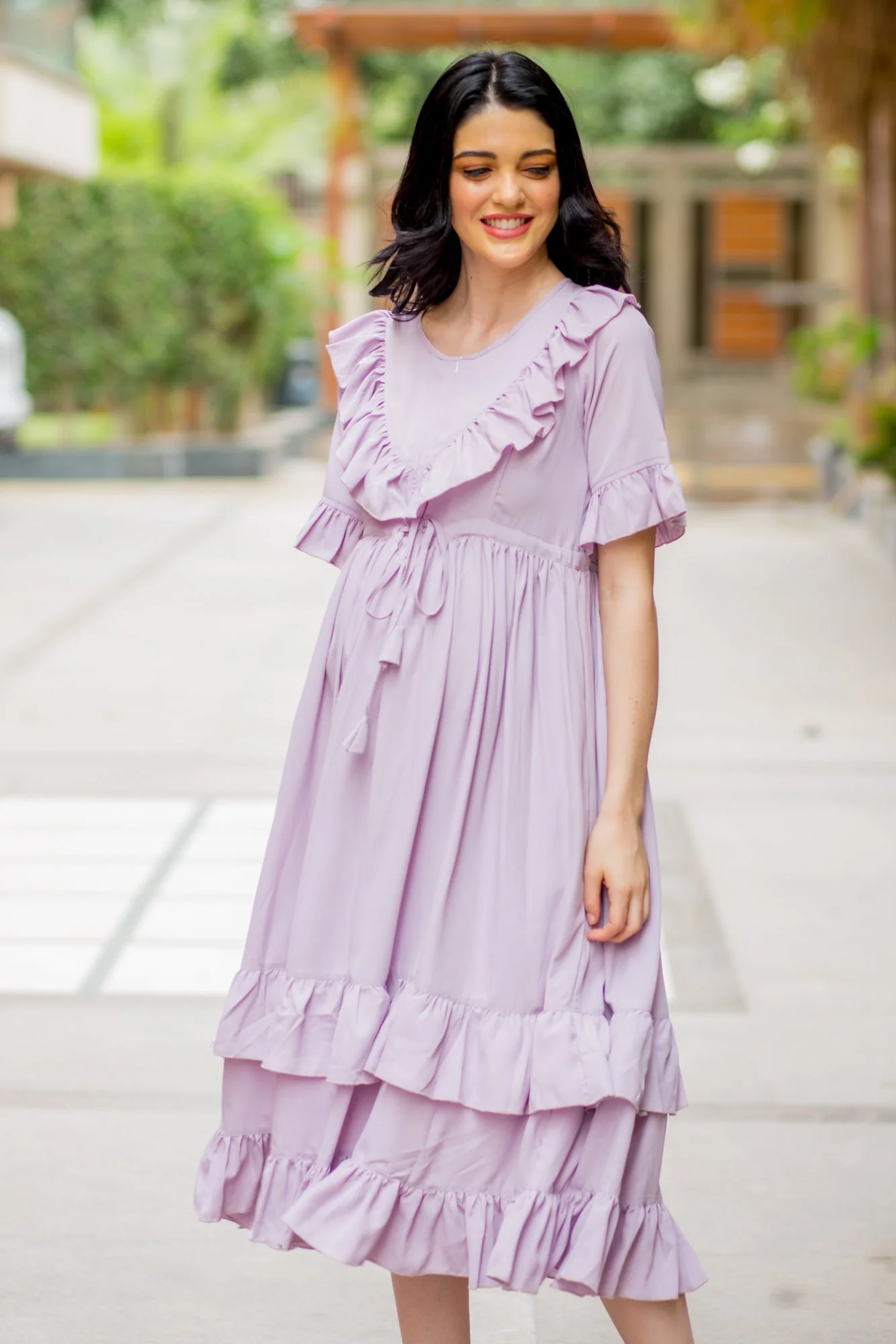 Lavender Front Frill Maternity & Nursing Midi Dress - Chenance