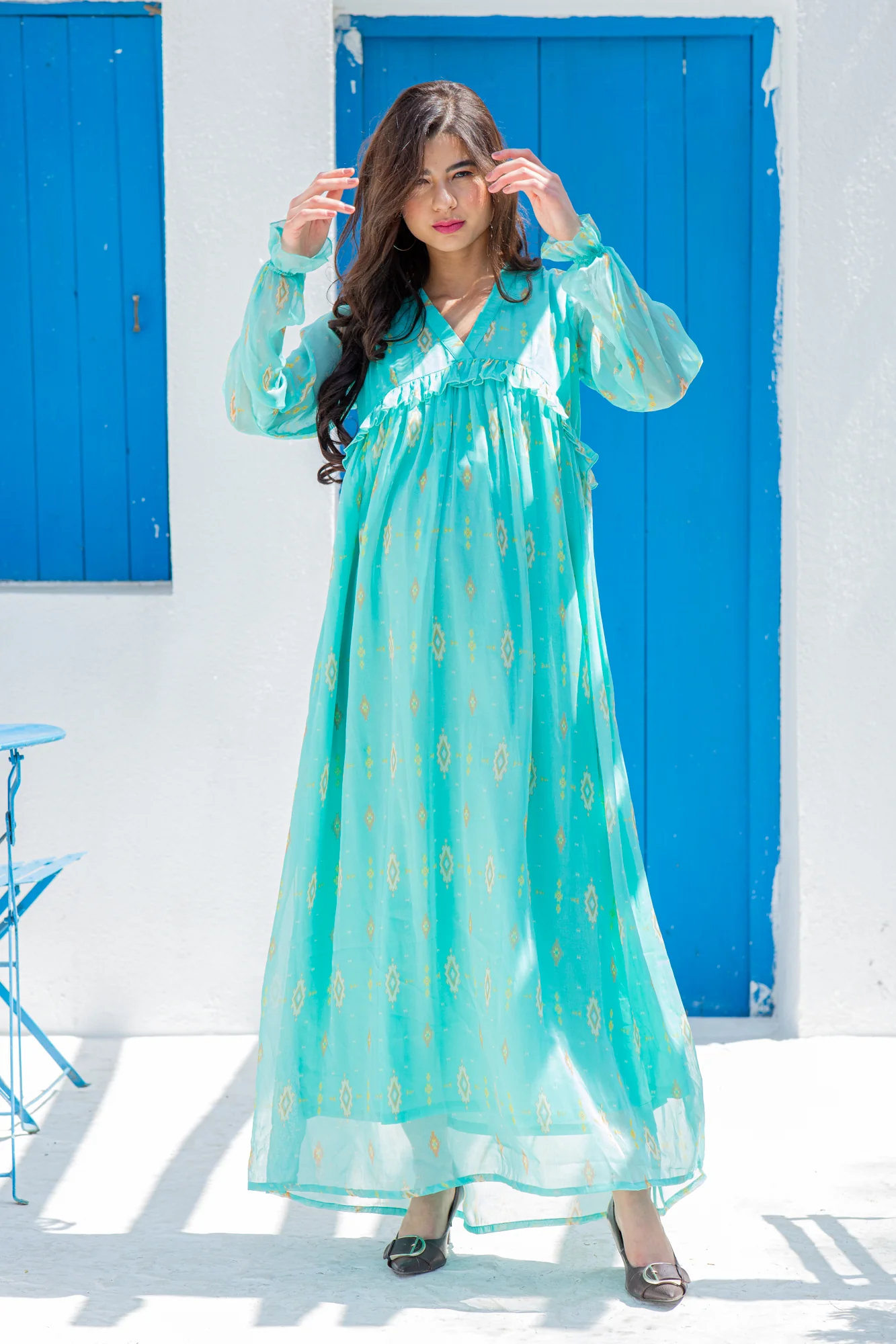 Peacock Blue Maternity Frill Pocket Dress - Chenance