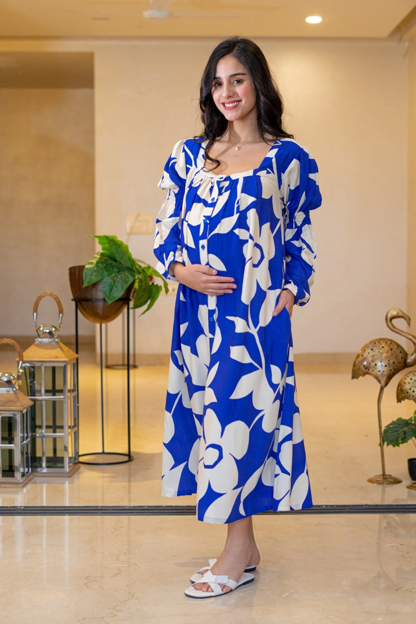 Admiral Blue Leafy Maternity & Nursing Dress - Chenance