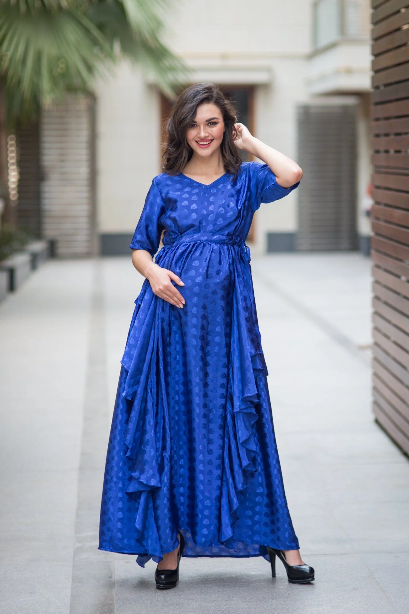 Luxe Electric Blue Embellished Satin Maternity Dress - Chenance