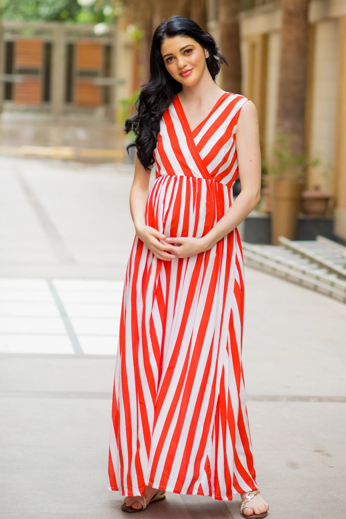 Chic Candy Red Striped Maternity and Nursing Maxi Dress - Chenance