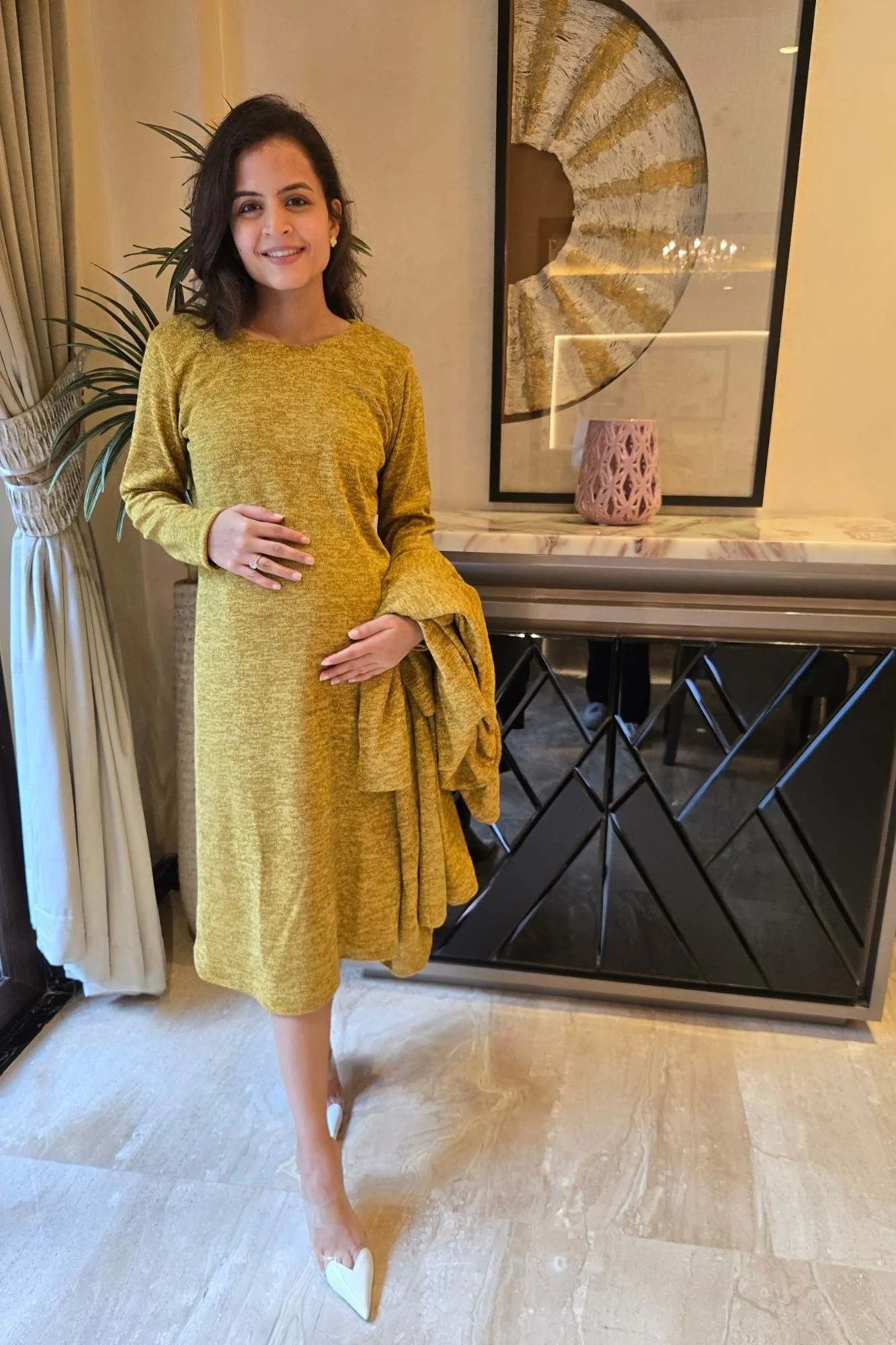 Breezy Mustard Maternity Winter Dress With Cover Up (2pc) - Chenance