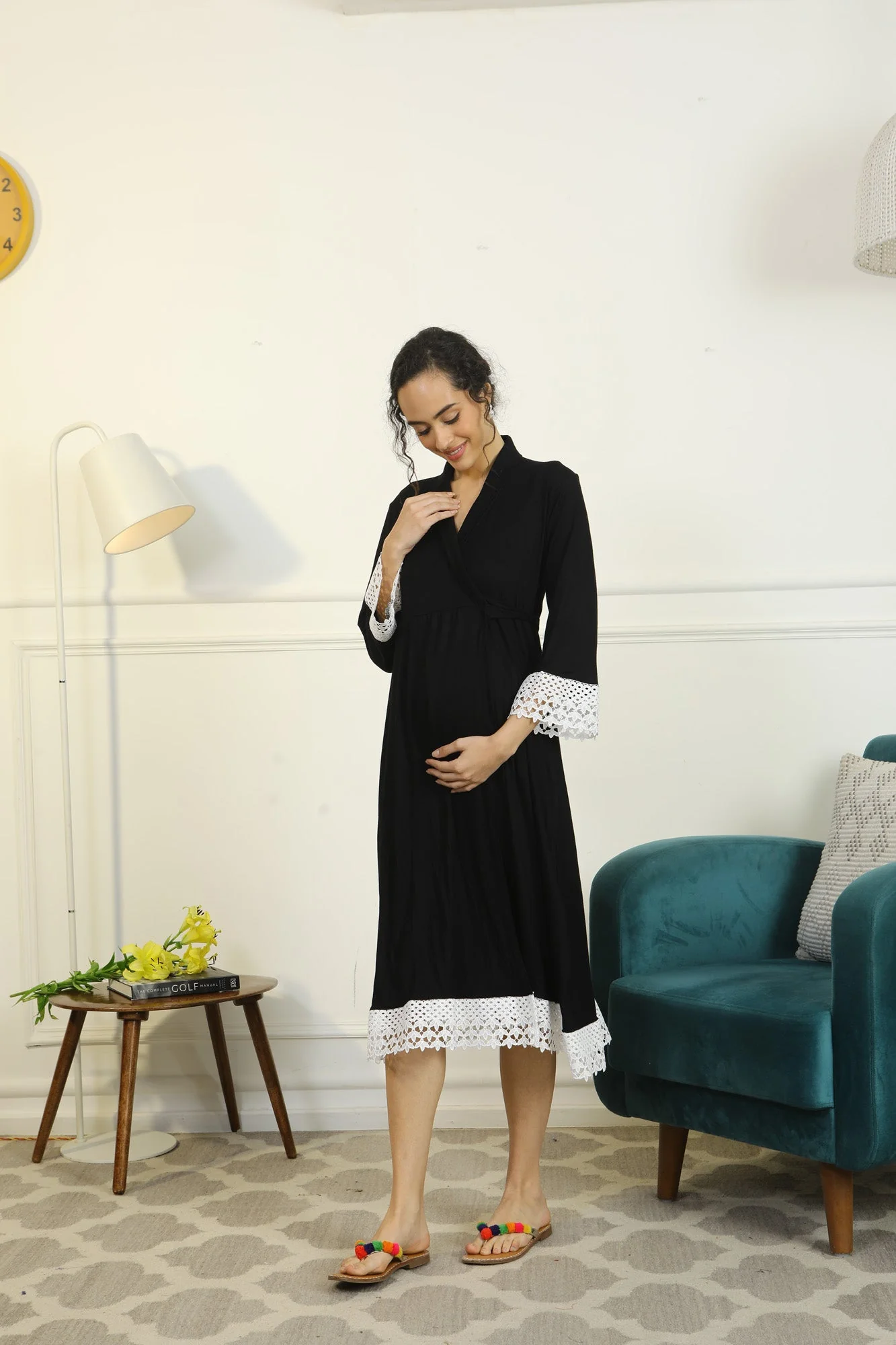 Royal Black Lycra Maternity & Nursing Wrap Nightwear Dress/ Hospital Gown/ Delivery Robes - Chenance