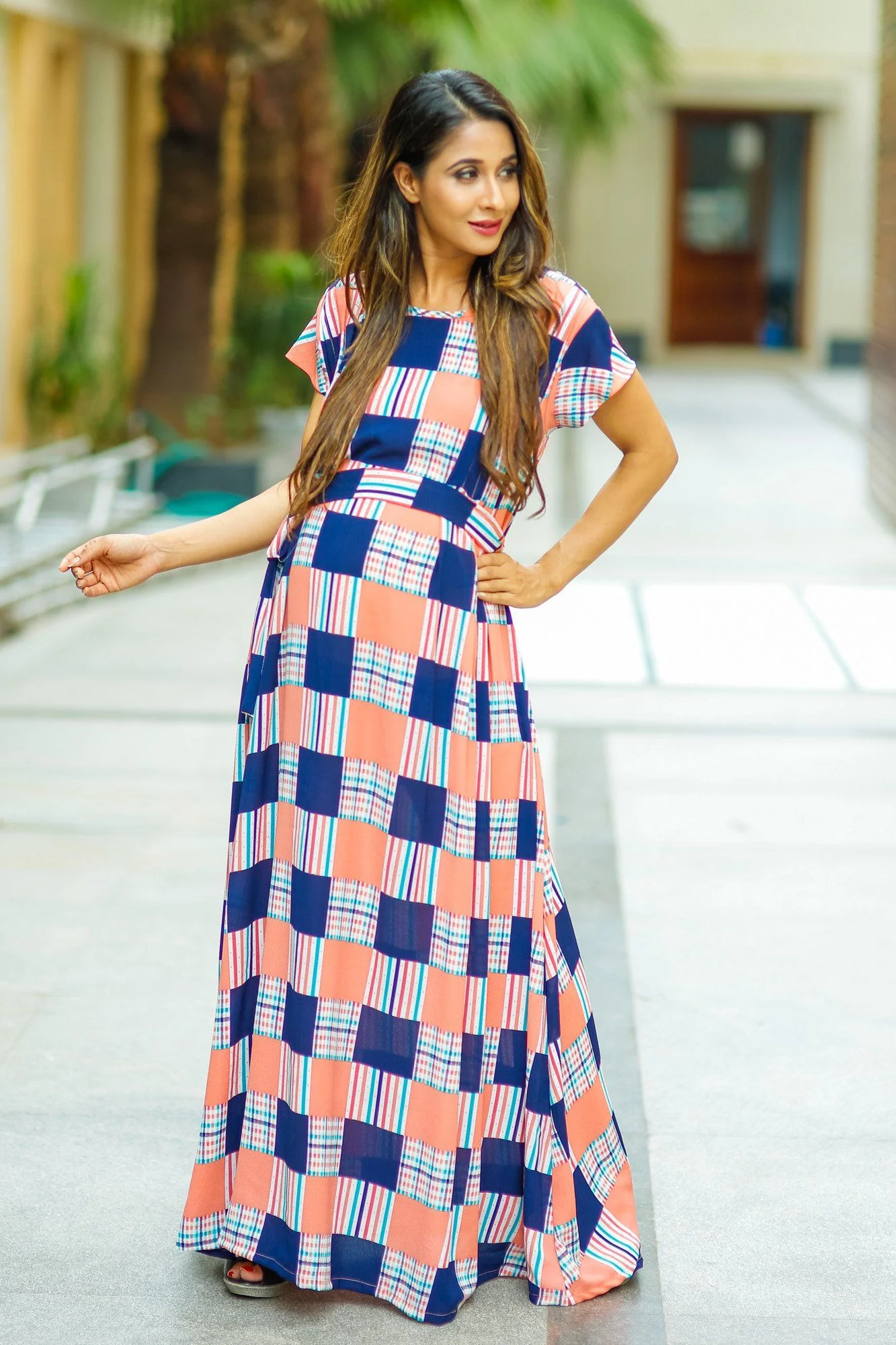 Orange Check Bubble Georgette Concealed Zips Dress - Chenance