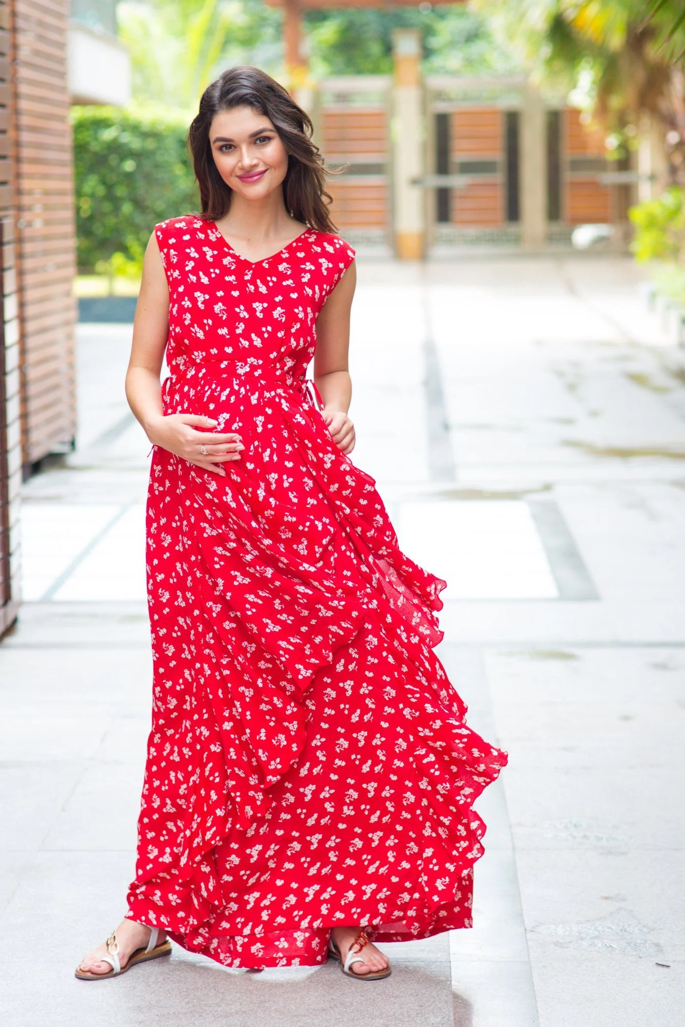 Royal Cherry Luxe Floral Maternity Dress - Chenance