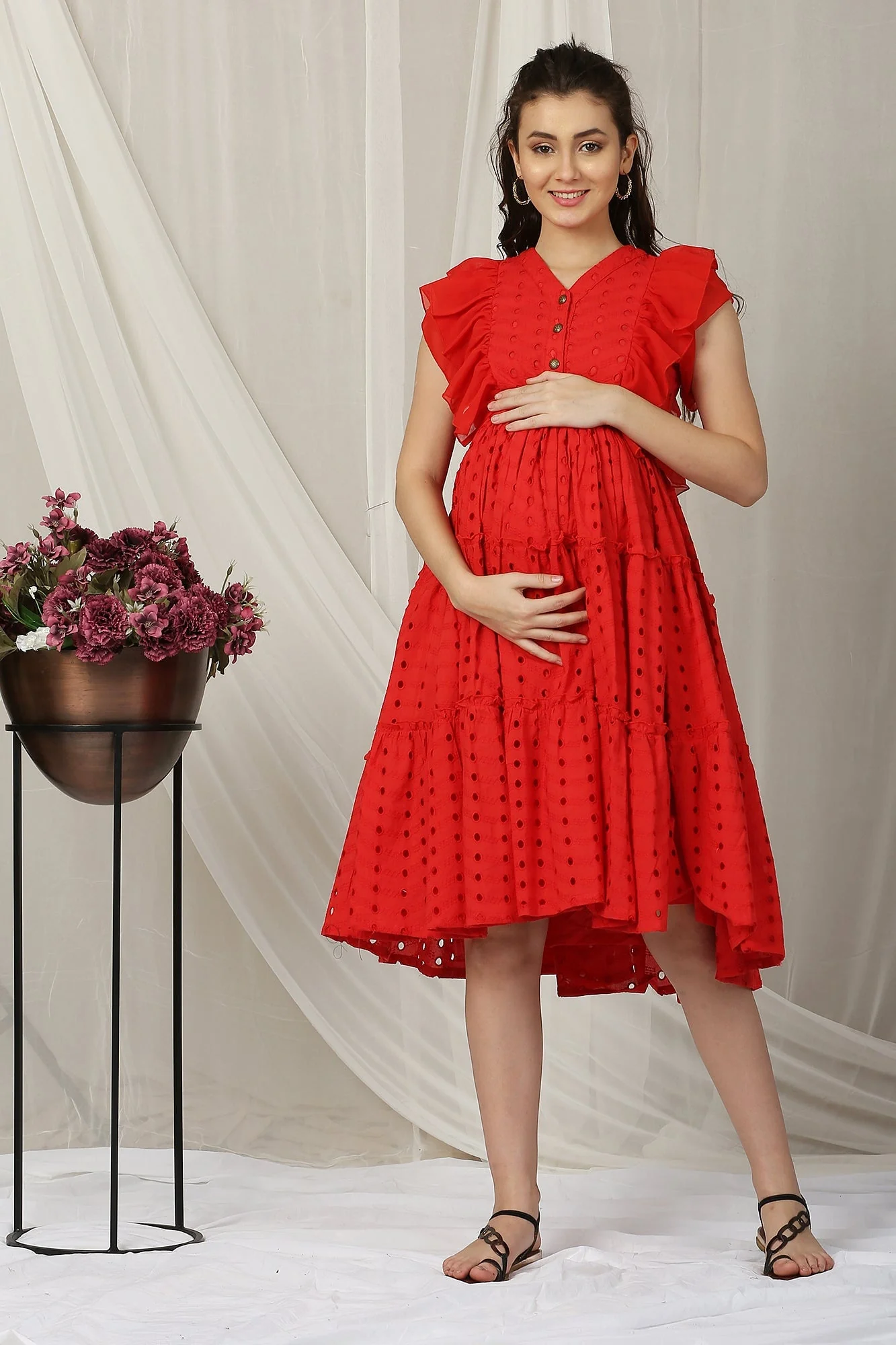 Retro Candy Red Maternity & Nursing Flowy Dress (100% Cotton) - Chenance